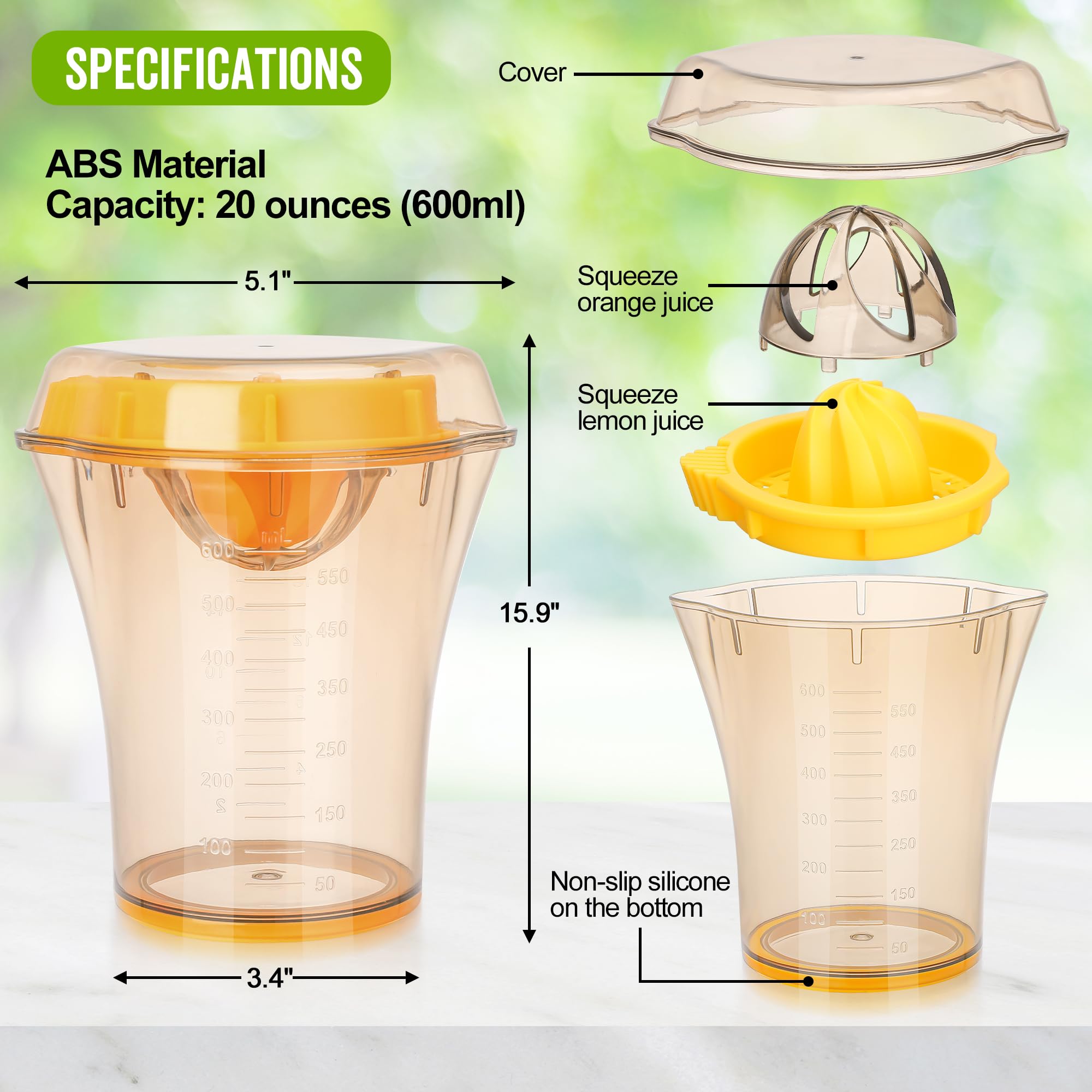 600ml Manual Citrus Juicer - Handheld Lemon, Orange & Lime Squeezer with 20oz Capacity - Yellow Kitchen Gadget (3.4x5.1x15.9 inches) - Perfect for Fresh Juice, Cocktails & Healthy Drinks