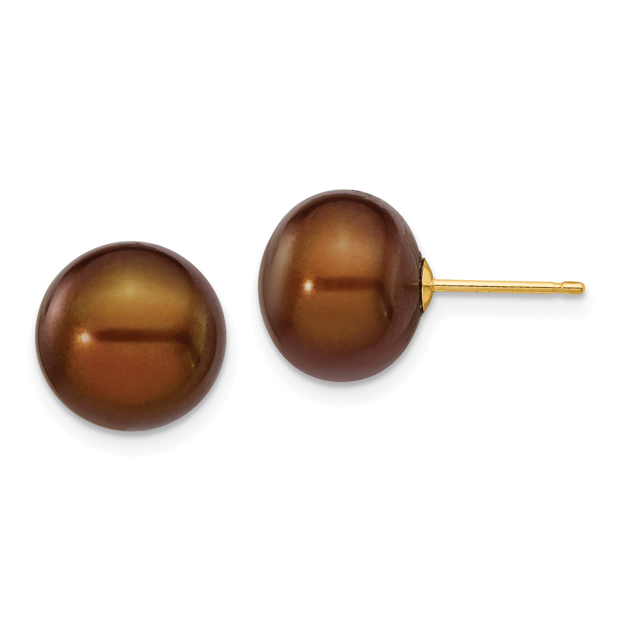 14k Yellow Gold Chocolate Brown Freshwater Cultured Pearl Button Post Earrings - Elegant Jewelry for Women, Perfect for Weddings, Parties & Daily Wear