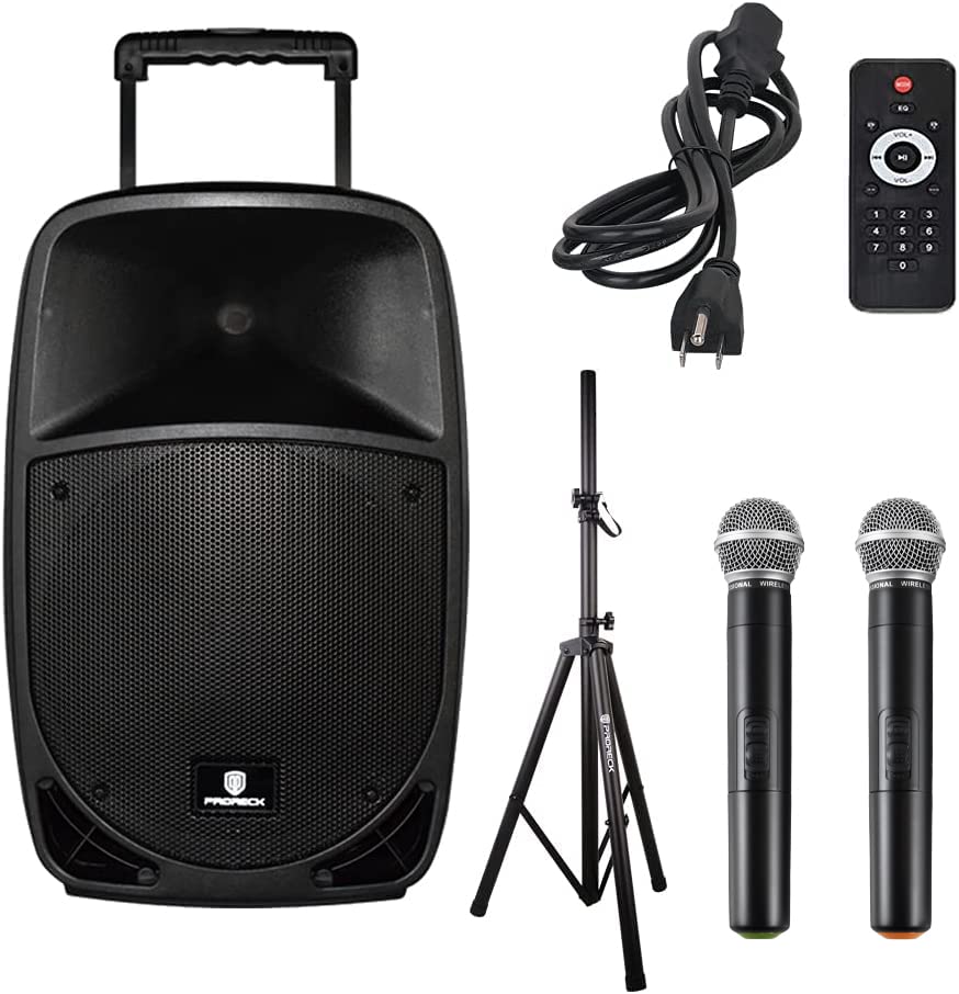 PRORECK Freedom 15 Portable 15-Inch 800W 2-Way Rechargeable Bluetooth PA Speaker System with USB/SD Card Reader, FM Radio, Remote Control, Wireless Mics & Stand - Perfect for DJ Gigs, Outdoor Parties, Live Performances & Events