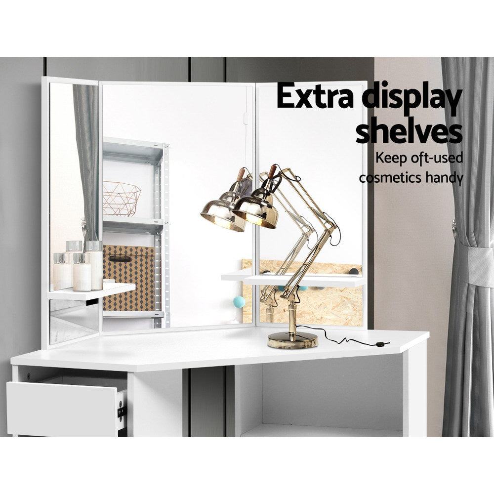 White Corner Dressing Table with Mirror & Stool Set - Vanity Makeup Desk with Adjustable Mirror and Matching Chair for Bedroom, Bathroom, or Dressing Room