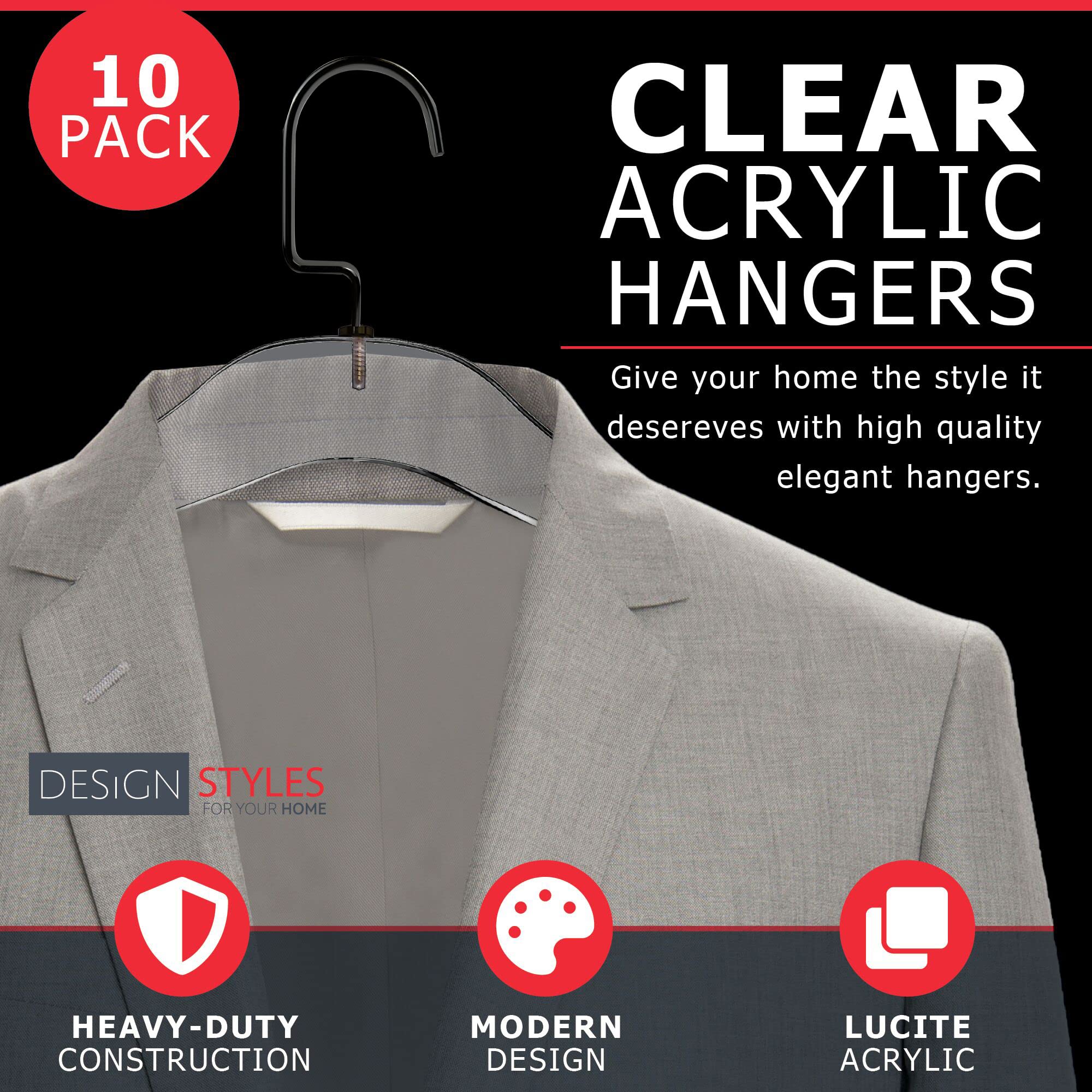 10 Pack Clear Acrylic Clothes Hangers with Chrome Plated Steel Hooks - Heavy Duty Non-Slip Closet Organizer for Suits, Jackets & Sweaters - Stylish Shiny Black Designstyles Hangers for Wardrobe Organization & Clothing Protection