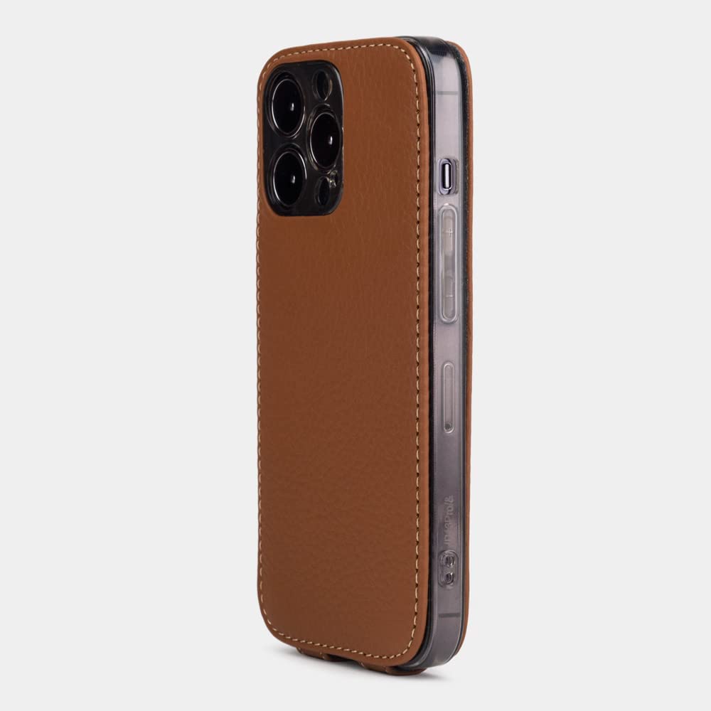 Genuine Leather Flip Case for iPhone 13 Pro Max - Premium French-Made Patented Design - Caramel Brown - Slim Protective Cover for Everyday Use & Business Style