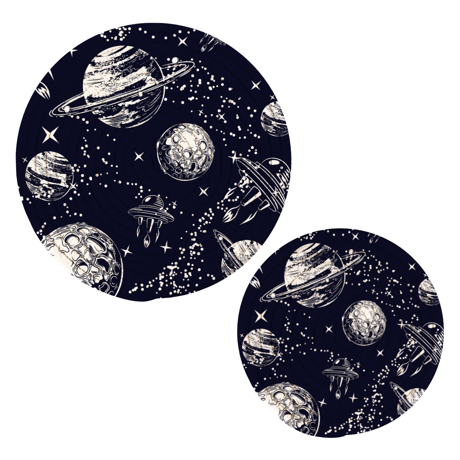 Cosmic Planets & Spaceships Kitchen Pot Holders Set of 2 - Heat Resistant Cotton Round Potholders with Thread Weave Design - Perfect for Cooking, Baking & New Home Gifts