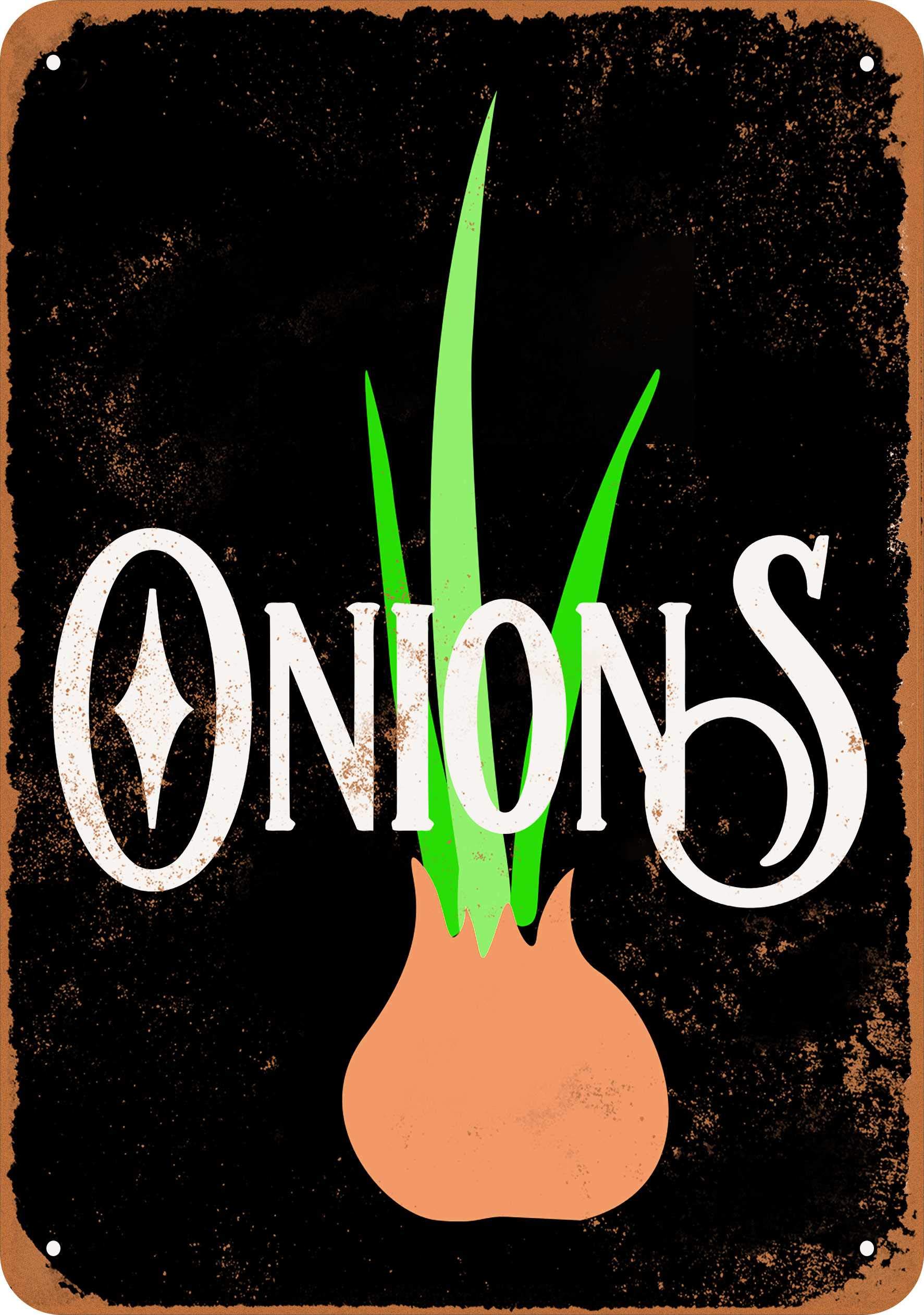 7x10 Inch Vintage Metal Sign with Onions Design - Black Background - Perfect for Kitchen Decor, Bar, Cafe, or Man Cave Wall Art