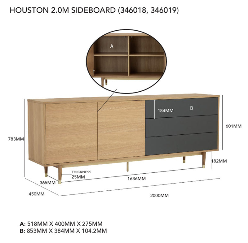 Houston 200cm Oak & Grey Sideboard Buffet Cabinet - Modern Dining Room Storage for Dishes, Linens & Entertaining Essentials