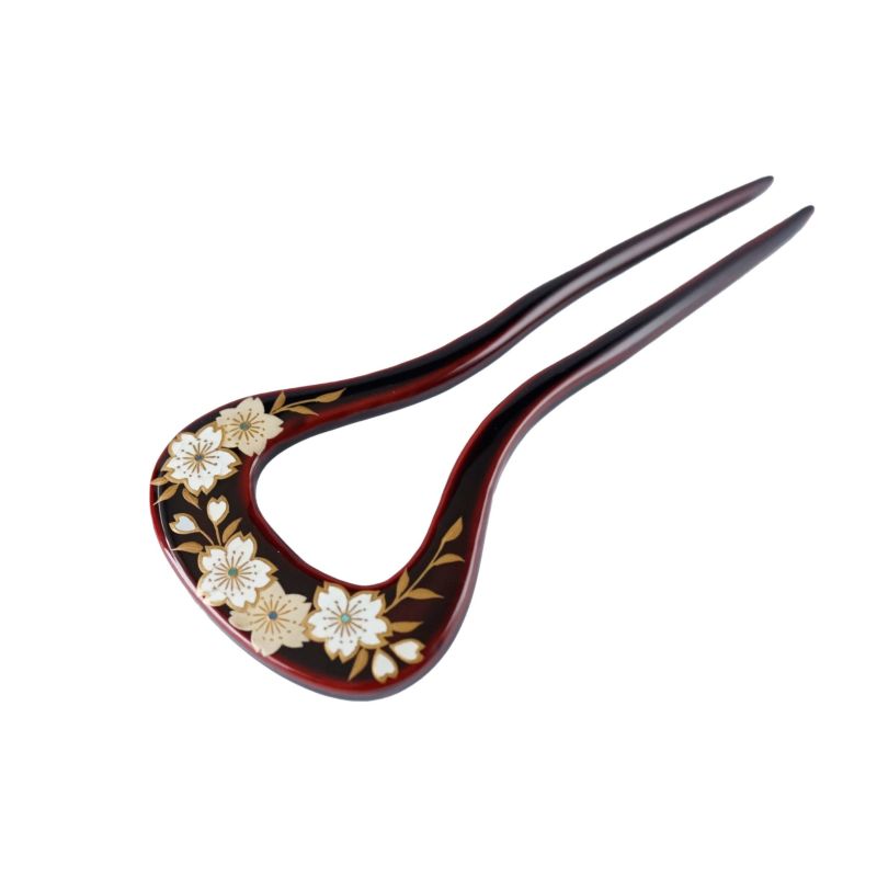 Handmade Japanese Kanzashi Hairpin - Pure Gold Maki-e Urushi Lacquer & Raden Mother of Pearl Inlay Cherry Blossom Design, Deep Dark Brown - Traditional Kyoto Hair Ornament for Weddings, Tea Ceremonies & Kimono Styling