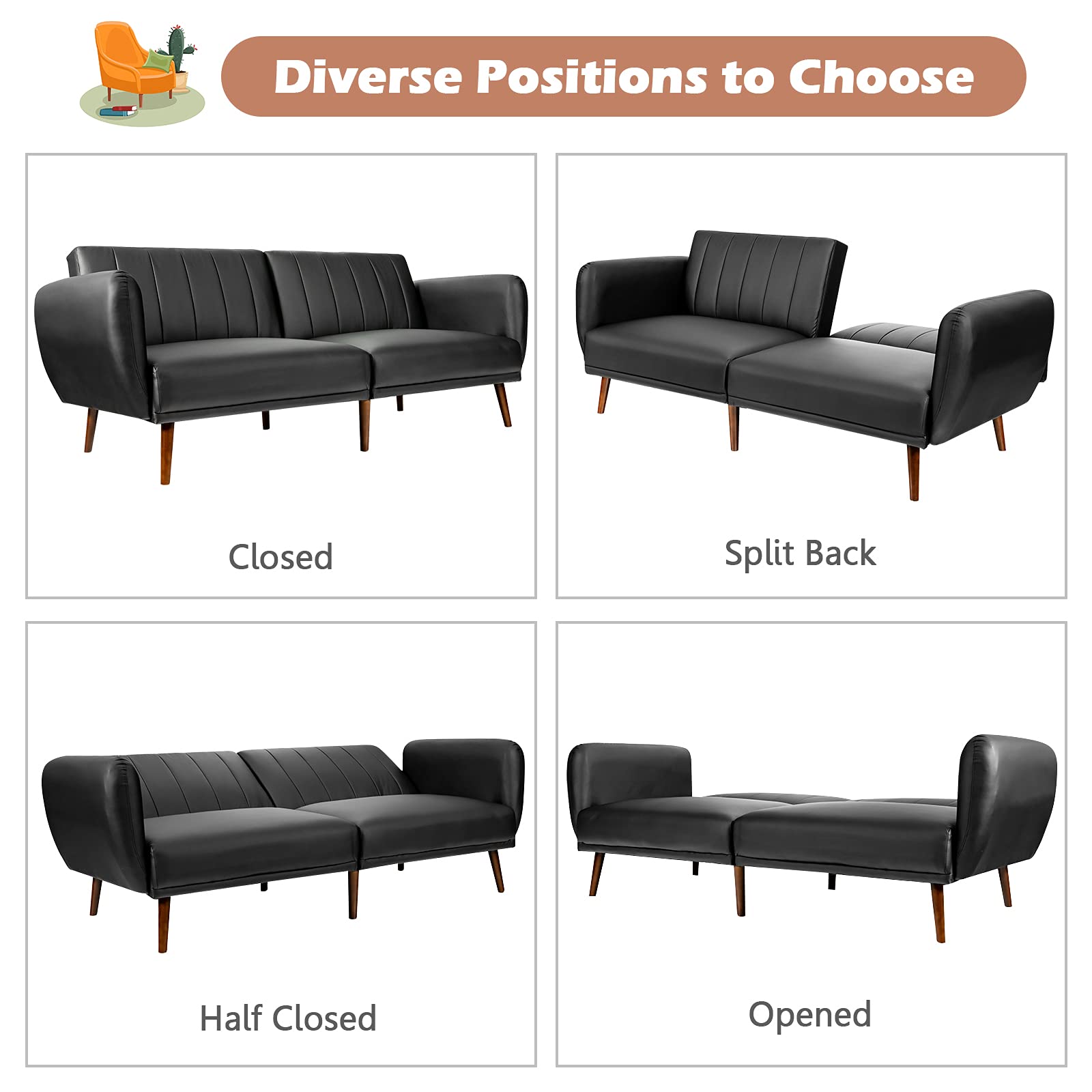 Giantex 3-Seater Convertible Futon Sofa Bed with High-Density Sponge, Adjustable Backrest & Rubber Wood Legs - Foldable Sleeper Couch with Armrests for Living Room, Bedroom, Office, Lounge & Small Spaces (Black) | Perfect for Guest Sleeping, Movie Nights & Compact Apartments