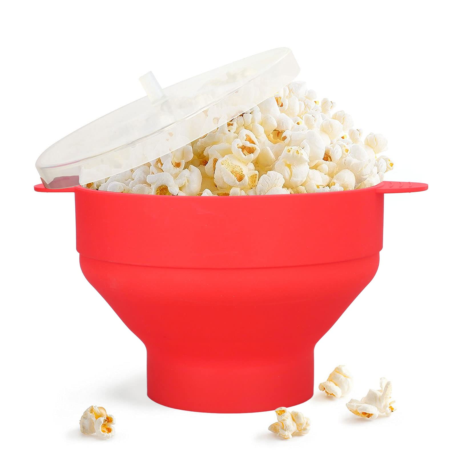 BPA-Free Silicone Microwave Popcorn Popper with Lid - Collapsible Hot Air Popcorn Maker Bowl for Microwave or Oven (-40℃ to +230℃) - Perfect for Movie Nights, Snack Time & Healthy Homemade Popcorn (Red)