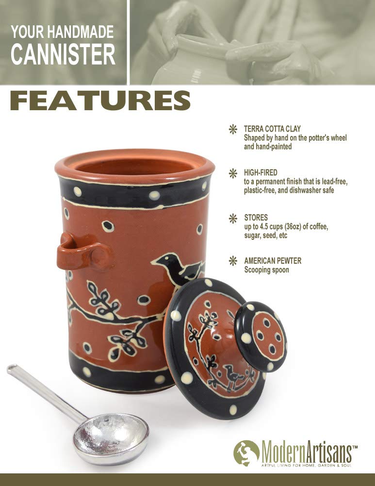 Handcrafted American Terra Cotta Kitchen Canister with Pewter Scoop, Blackbird Design - Perfect for Coffee, Tea & Pantry Storage