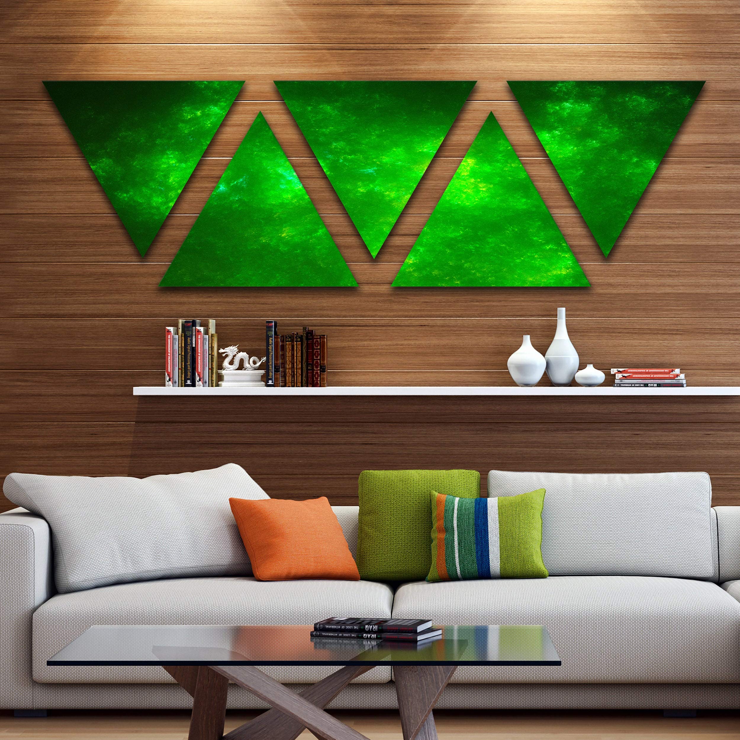 Bright Green Fractal Sky with Stars Contemporary Abstract Canvas Wall Art - 5-Panel Triangle Canvas Print 60
