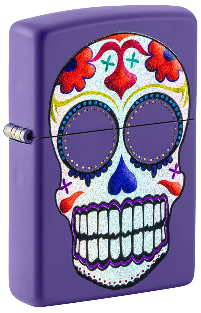 Zippo Purple Matte Pocket Lighter with Sugar Skull Design - Windproof Refillable Metal Lighter for Outdoor Camping, Hiking & Everyday Carry
