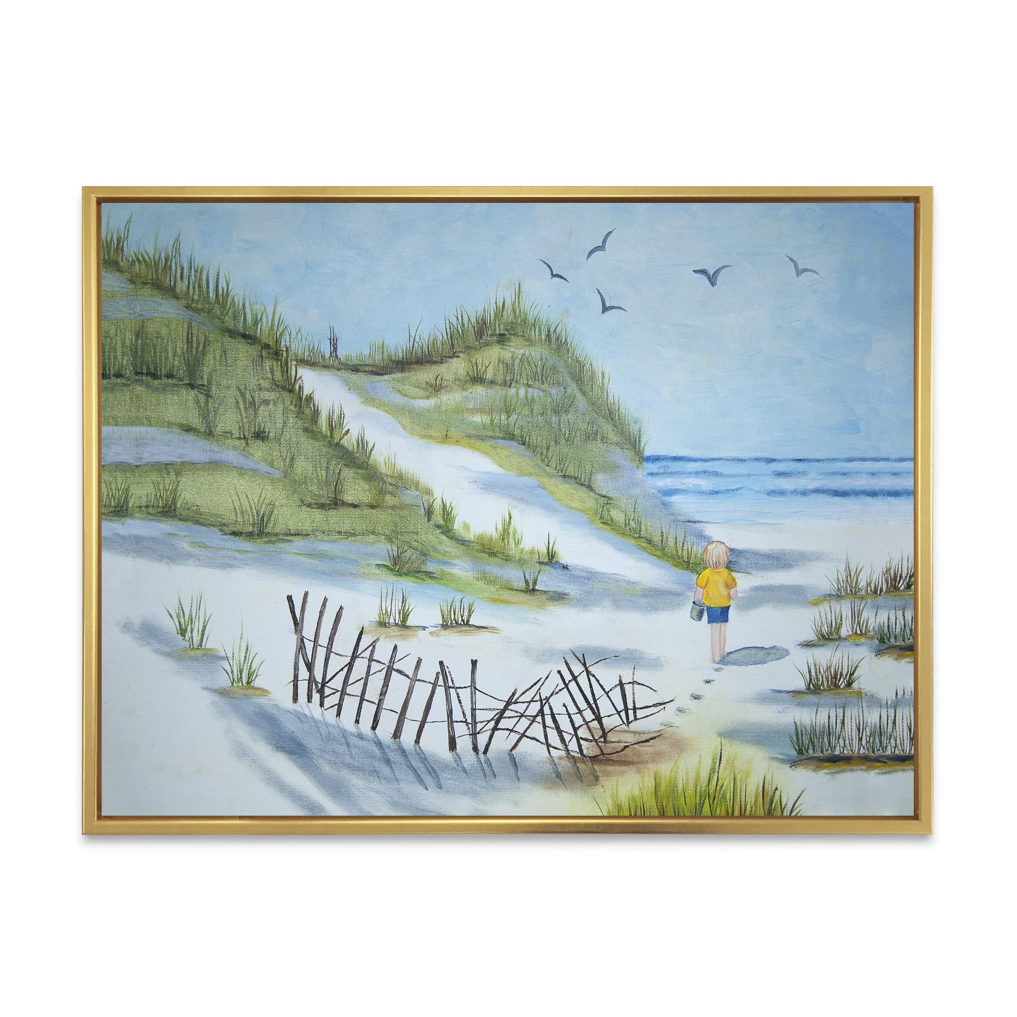 DesignQ Nautical & Coastal Framed Canvas Wall Art Print - Beach Walking Child Painting for Nursery, Kids Room & Coastal Home Decor