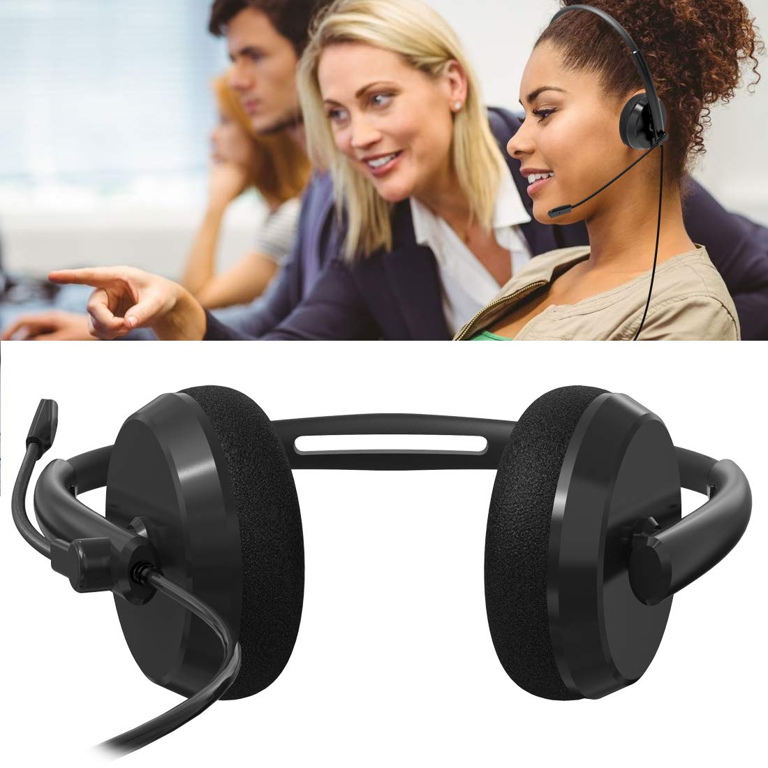 Geekria Comfort-Fit Call Center Headset with 3.5mm Jack & Noise-Canceling Mic - Over-Ear PC Headphones for Office, Gaming, Online Classes - Adjustable 330° Boom Mic (Right/Left Ear) - Compatible with Computer, Laptop, Smartphone, Tablet