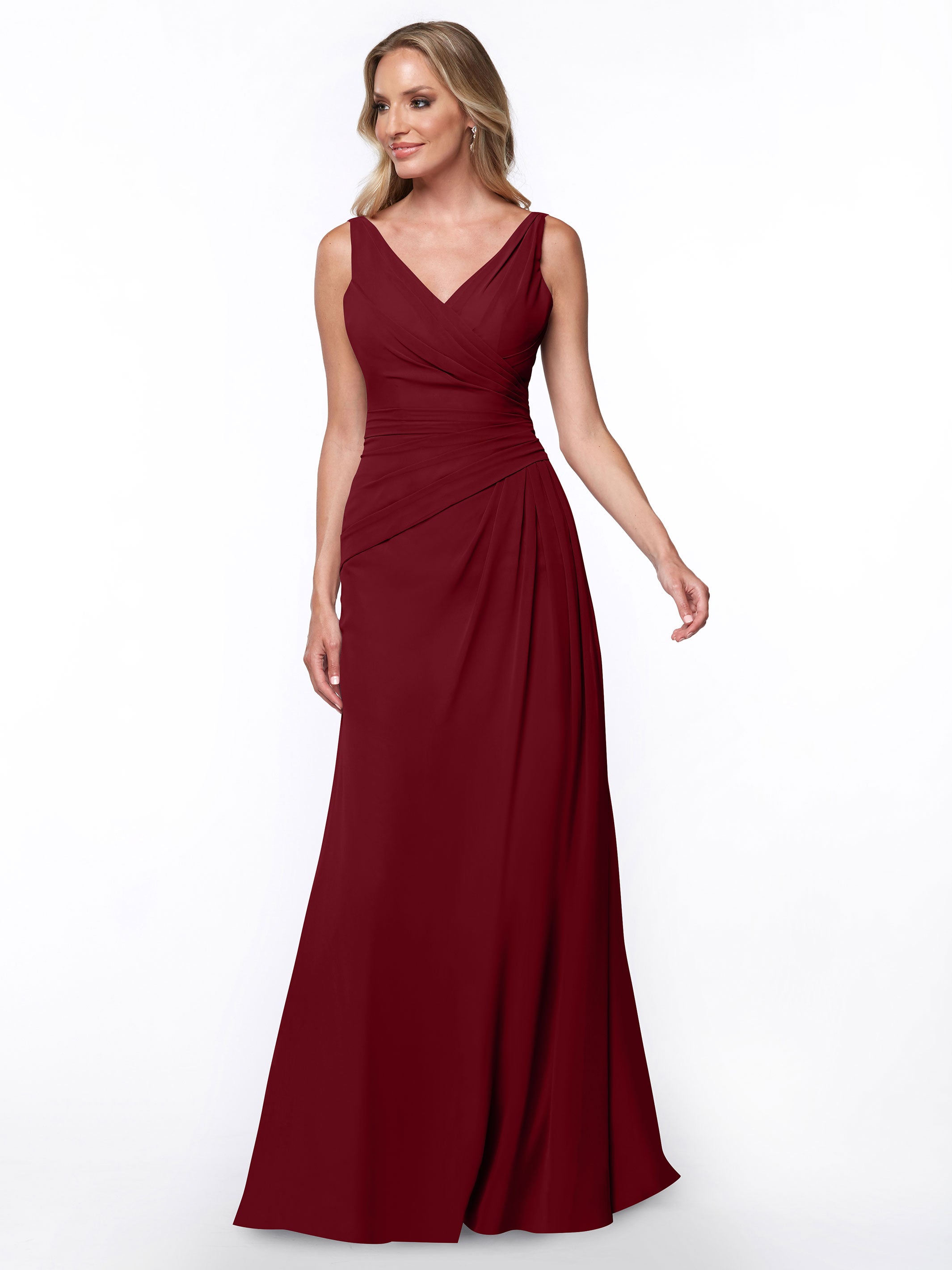 Elegant 80030 Chiffon Sheath Bridesmaid Dress with Ruching V-Neck Bodice - Perfect for Weddings, Formal Events & Special Occasions