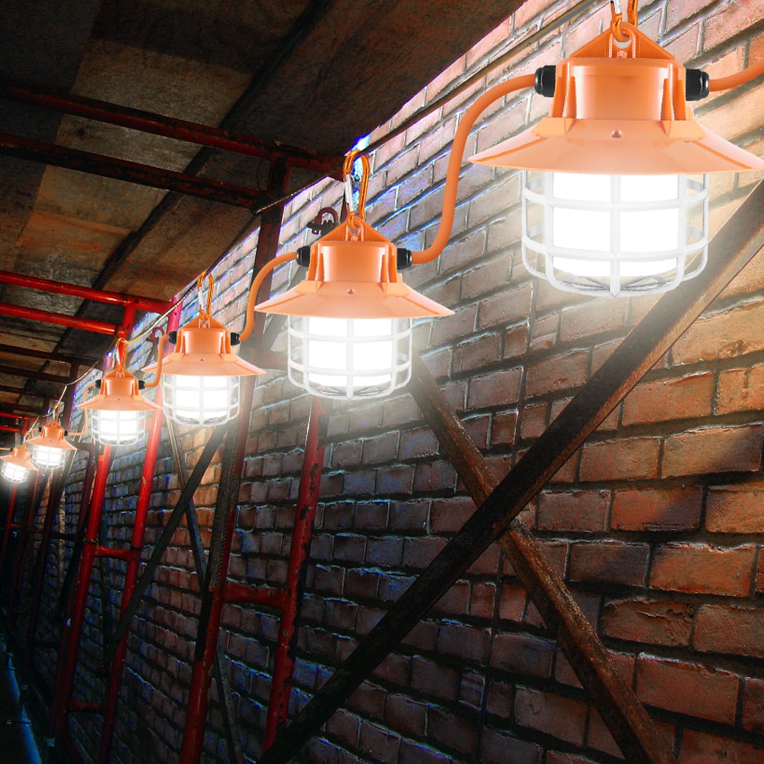 90W LED Construction String Lights 60FT 9000 Lumens - Heavy Duty Work Lights with Reflective Cover, Protective Cage & Hooks - Perfect for Job Sites, Attics, Warehouses, Outdoor Lighting & Emergency Work Areas