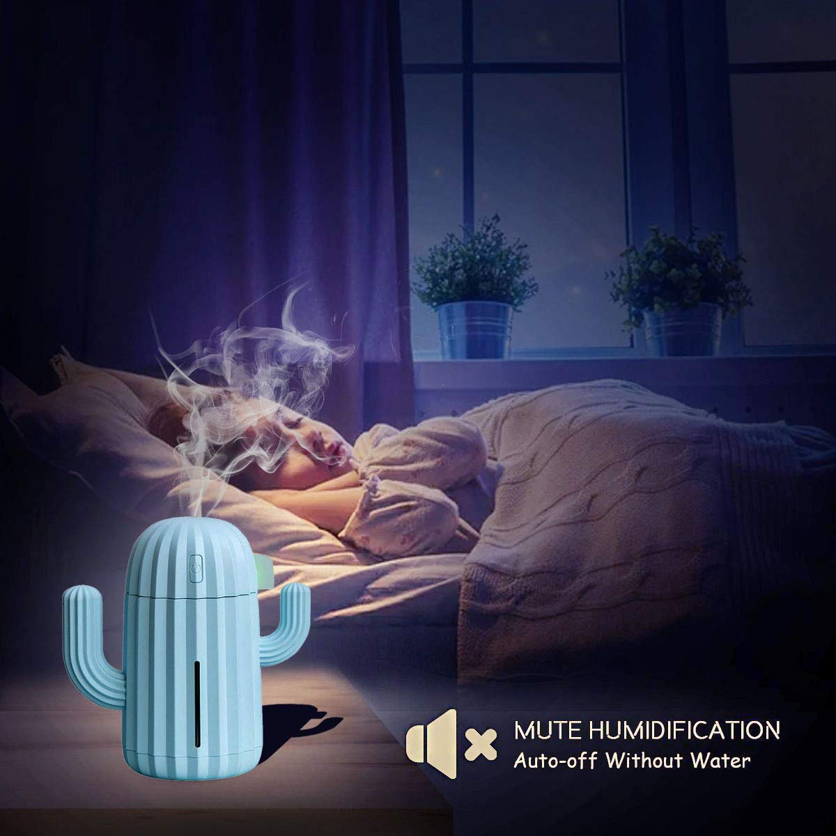 Mini Humidifier with Night Light - Portable Cactus Air Humidifier for Yoga, Office, Spa, Bedroom & Baby Room | Small Room Humidifier with Silica Gel Diffuser (Blue) - Perfect for Dry Air Relief in Home, Nursery & Workspaces