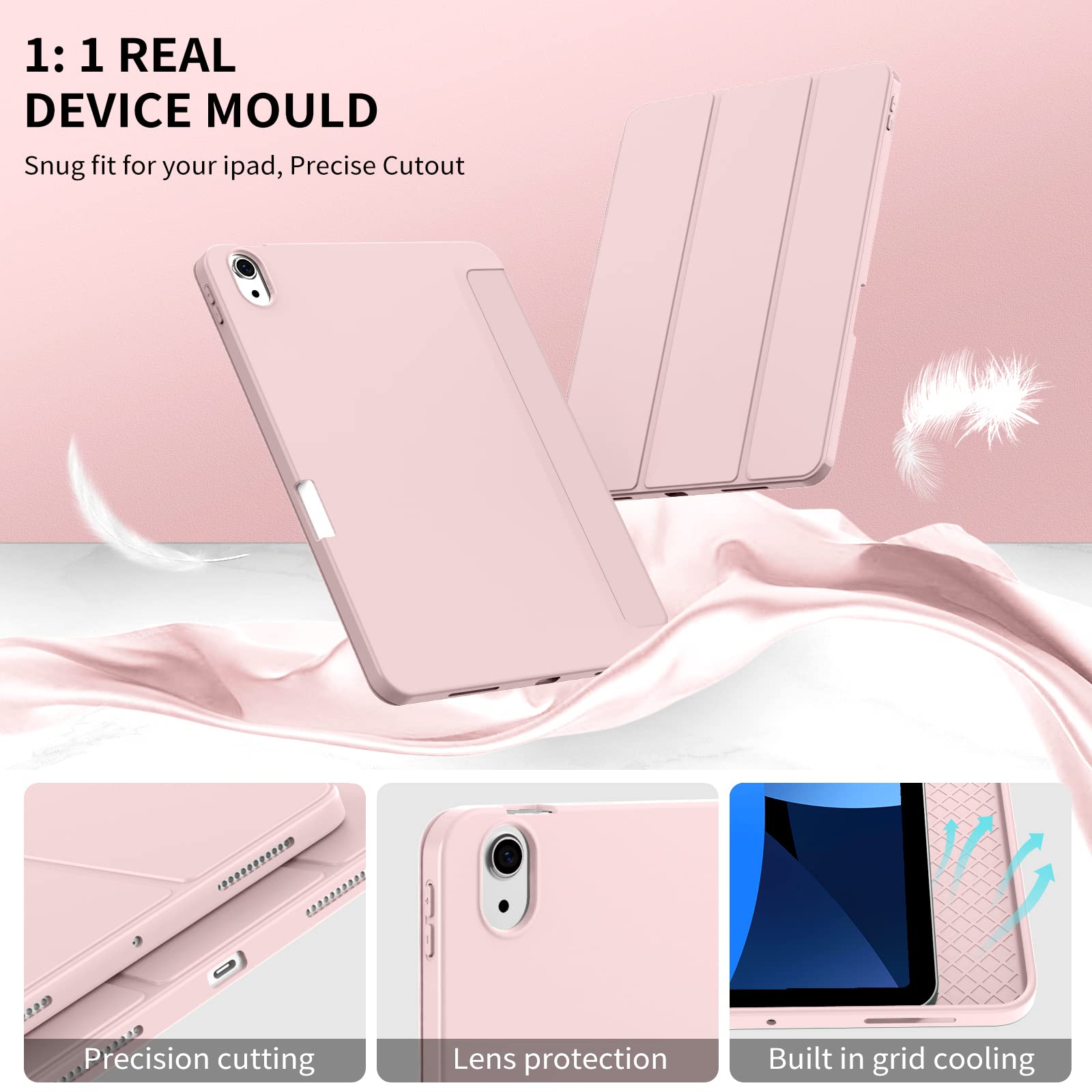 KenKe iPad Air 11 Inch Case (M2) - Compatible with iPad Air 5th/4th Gen 10.9 Inch | Built-in Apple Pencil Holder & Charging | Tri-fold Stand Cover with Auto Sleep/Wake | Protective Case for iPad Air 2024/2022/2020 | Pink - Perfect for Work, Study & Travel