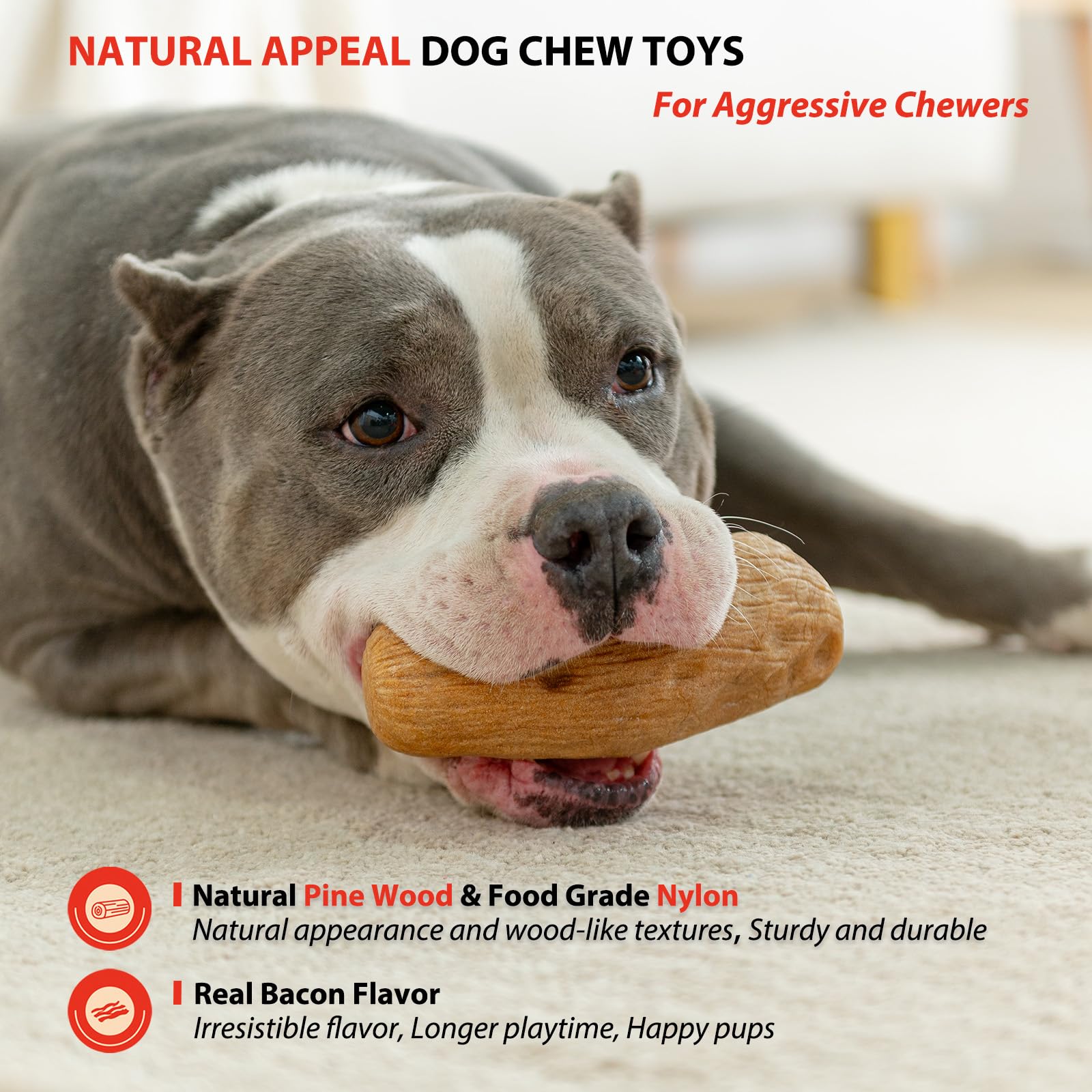 Willjoy 2-Pack Durable Pine Wood & Nylon Dog Chew Toys for Aggressive Chewers - Indestructible Bacon-Flavored Toys for Large Dogs to Keep Them Busy - Perfect for Playtime, Training & Anxiety Relief