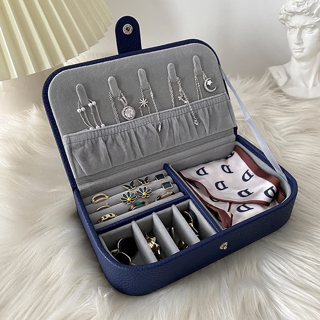 Portable Travel Jewelry Organizer Box - Earring Necklace Ring Storage Case with Secure Lock - Navy Blue Jewelry Casket for Women, Perfect for Travel, Home & Gift Giving