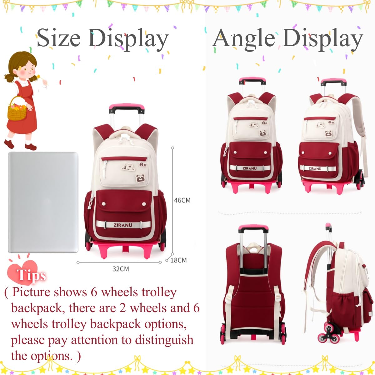 EKUIZAI Rolling Backpack for Girls - Wheeled School Bag for Middle & Teen Kids - Lightweight, Durable & Spacious for School, Travel & Daily Use