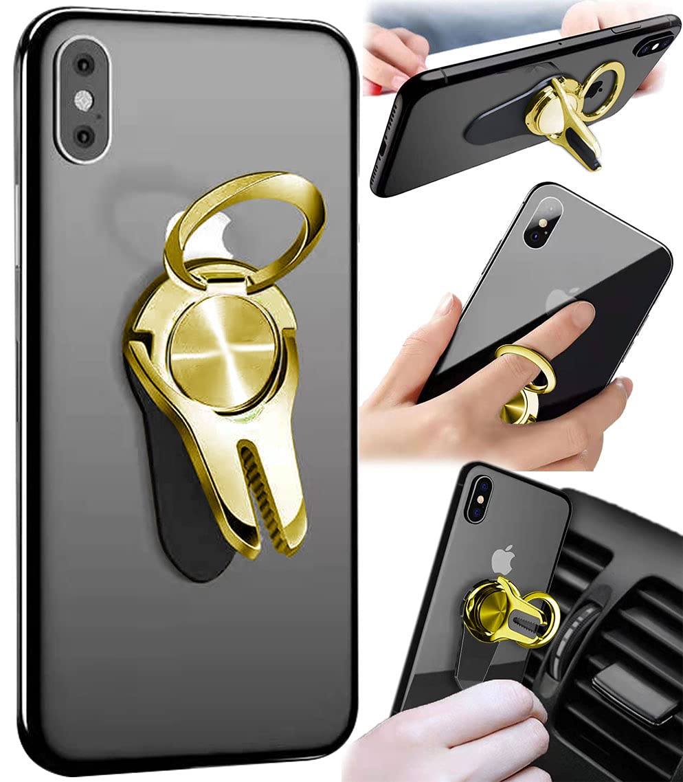 Universal 2-Pack Metal Gold Phone Ring Holder - 360° Rotating Car Air Vent & Finger Grip Stand for iPhone & Android Smartphones | Perfect for Driving, Watching Videos & Hands-Free Use