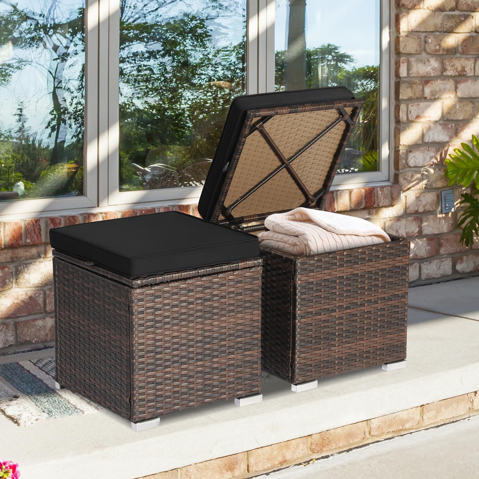 Tangkula 2-Piece PE Rattan Patio Ottoman Set with Removable Cushion & Hidden Storage - Multifunctional Side Table/Seat for Outdoor Living, Backyard, Poolside & Garden (Black) - Perfect for Relaxing, Entertaining & Stylish Storage Solutions