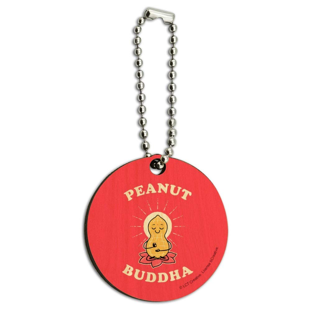 Funny Peanut Buddha Butter Keychain - Wooden Round Key Ring for Humor Lovers - Perfect for Gifts, Keychains & Backpacks