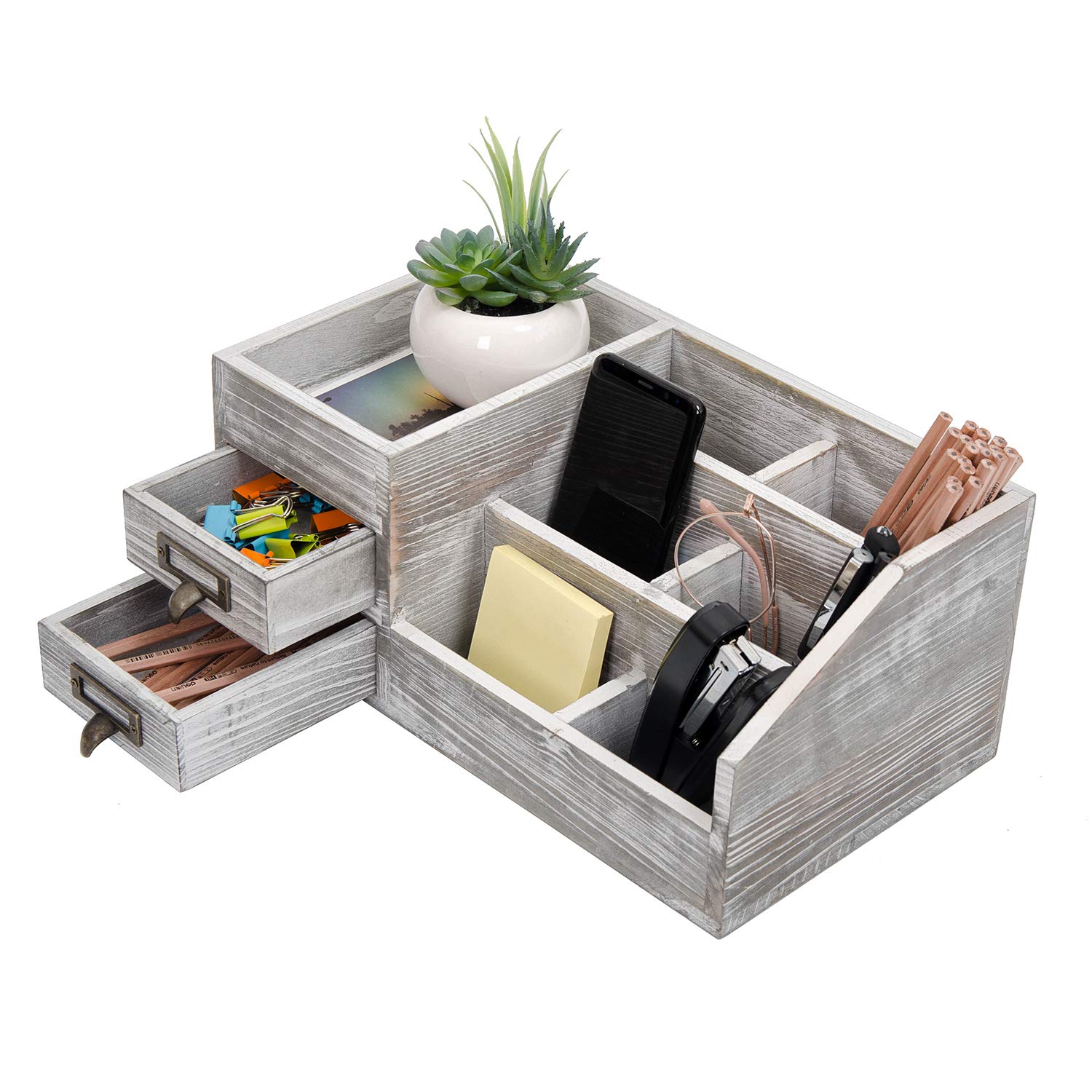 Distressed Rustic Wooden Office Desktop Organizer - 2-Tier Drawer Shelf with Multiple Compartments for Jewelry Storage | Perfect for Desk, Vanity & Home Organization | Gray Finish | Ideal for Office Supplies, Makeup Display & Small Item Storage