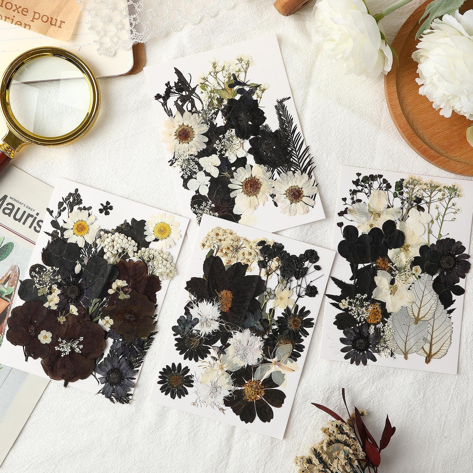 120 Pcs Black Dried Pressed Flowers for Resin Molds - Real Pressed Flowers for DIY Crafts, Jewelry Making, Scrapbooking, Candle & Soap Making - Perfect for Halloween Decorations & Home Craft Projects