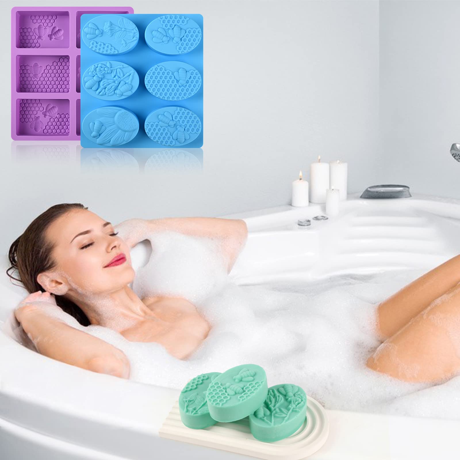 Sakolla 2 Pack 6 Cavity Bee Silicone Soap Molds - Rectangle Oval Honeycomb Design for DIY Soap Making, Wax Melts, Beeswax, Cake & Chocolate Baking - Perfect for Handmade Gifts, Party Favors and Home Crafting