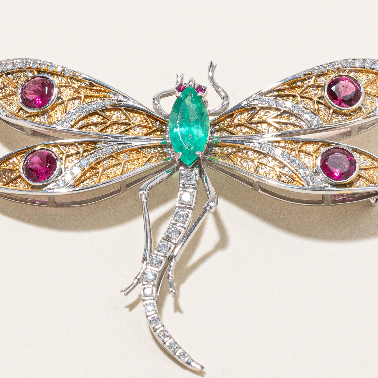 18K Gold Multi-Gemstone Dragonfly Brooch - 1.25ct Emerald, 1.60ctw Topaz, 0.04ctw Ruby & 0.50ctw Diamond - Elegant Jewelry Gift for Women, Perfect for Weddings, Parties & Special Occasions
