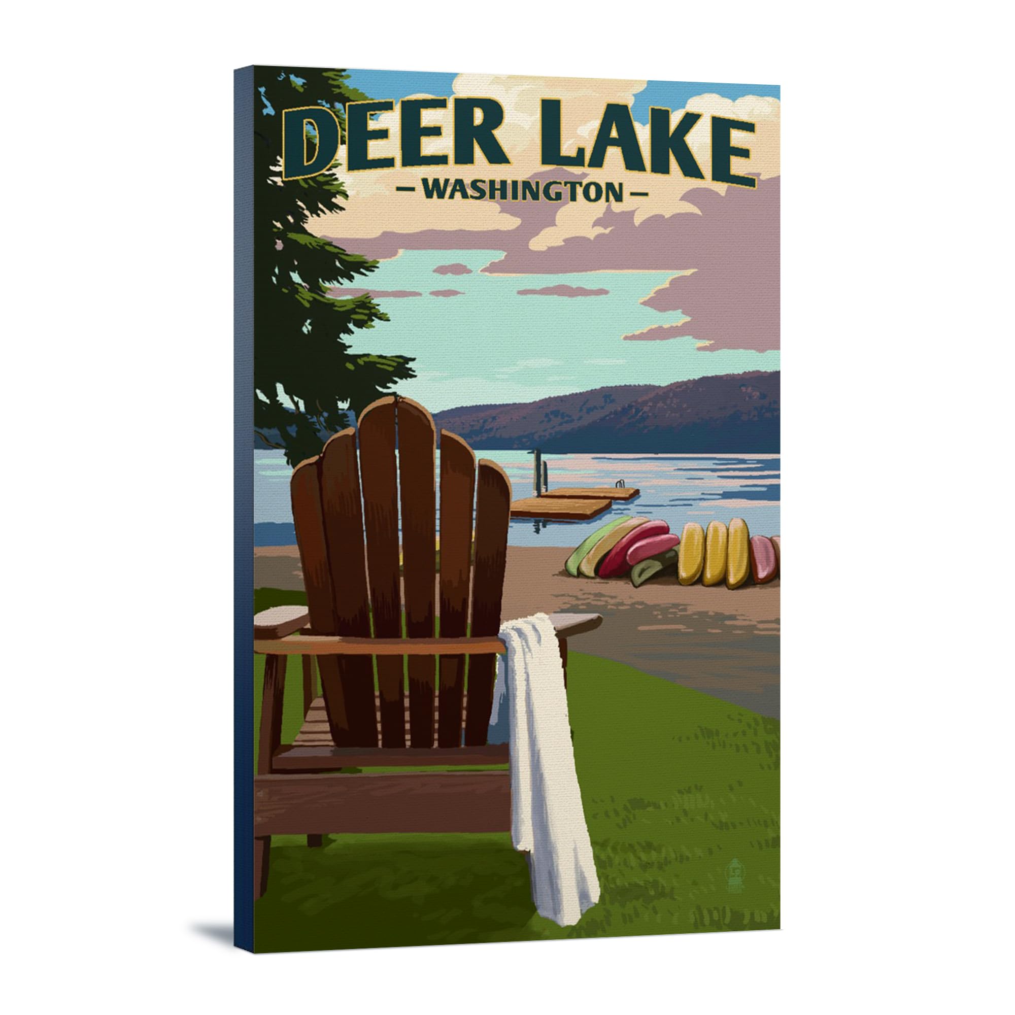 Lantern Press Deer Lake Washington Wall Art - 12x18 Wrapped Canvas Print of Adirondack Chairs by the Lake - Nature Home Decor for Living Room, Bedroom & Office