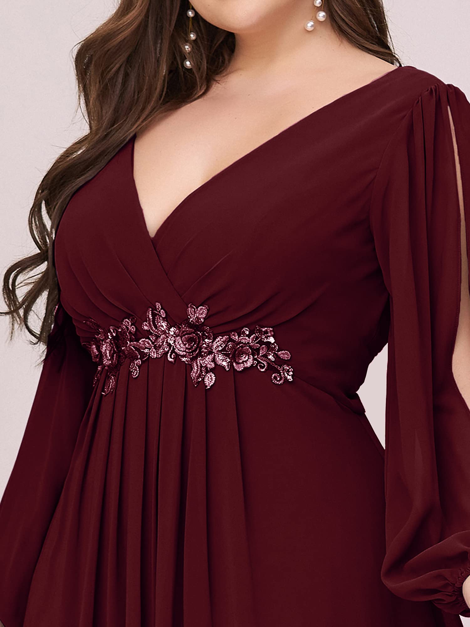 Ever-Pretty Plus Size Formal Dresses for Women - V Neck Floor Length Lantern Sleeve Floral Applique Evening Gown for Curvy Women | Perfect for Weddings, Proms & Special Occasions