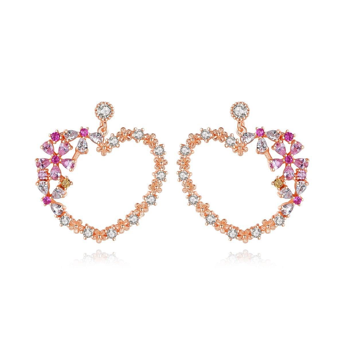 TEEMI Gold & Rose Gold Plated Heart Flower Dangle Stud Earrings for Women - Pink Clear Cubic Zirconia Jewelry - Perfect Gift for Girls, Valentine's Day & Special Occasions