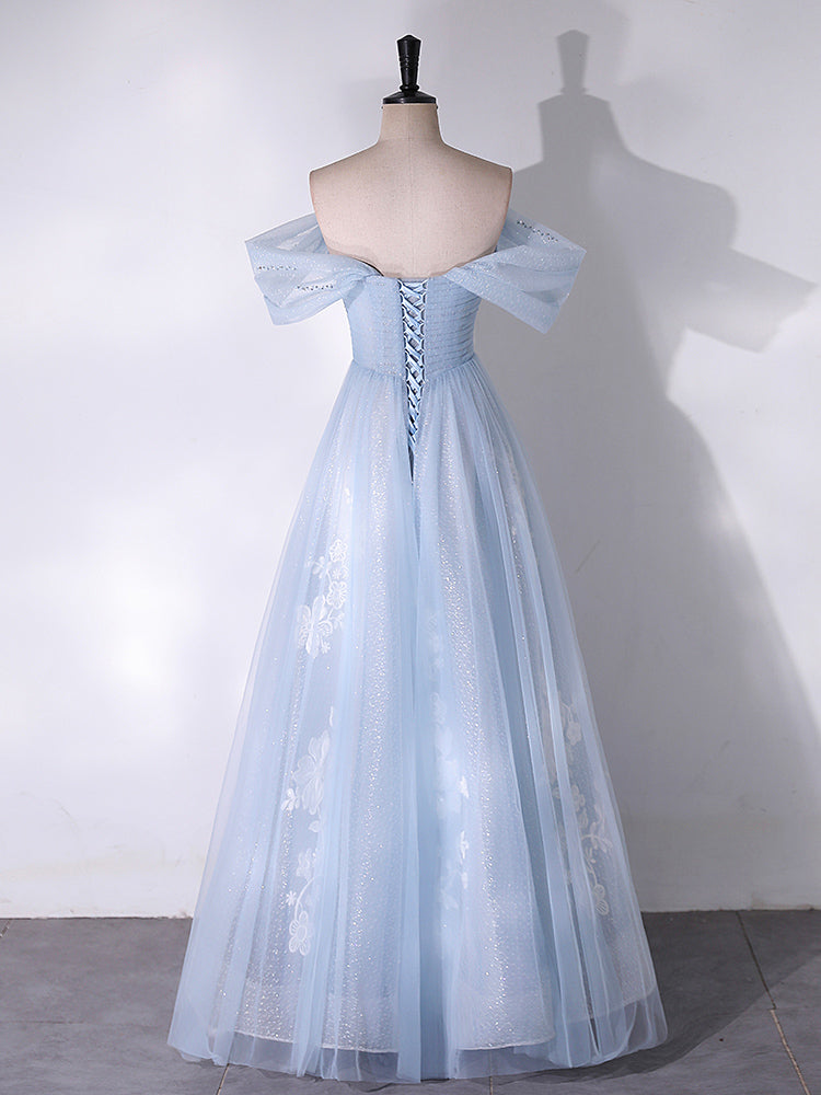 Elegant Off Shoulder A-Line Tulle Lace Blue Long Prom Dress - Formal Evening Gown for Homecoming, Ball, Wedding & Special Occasions