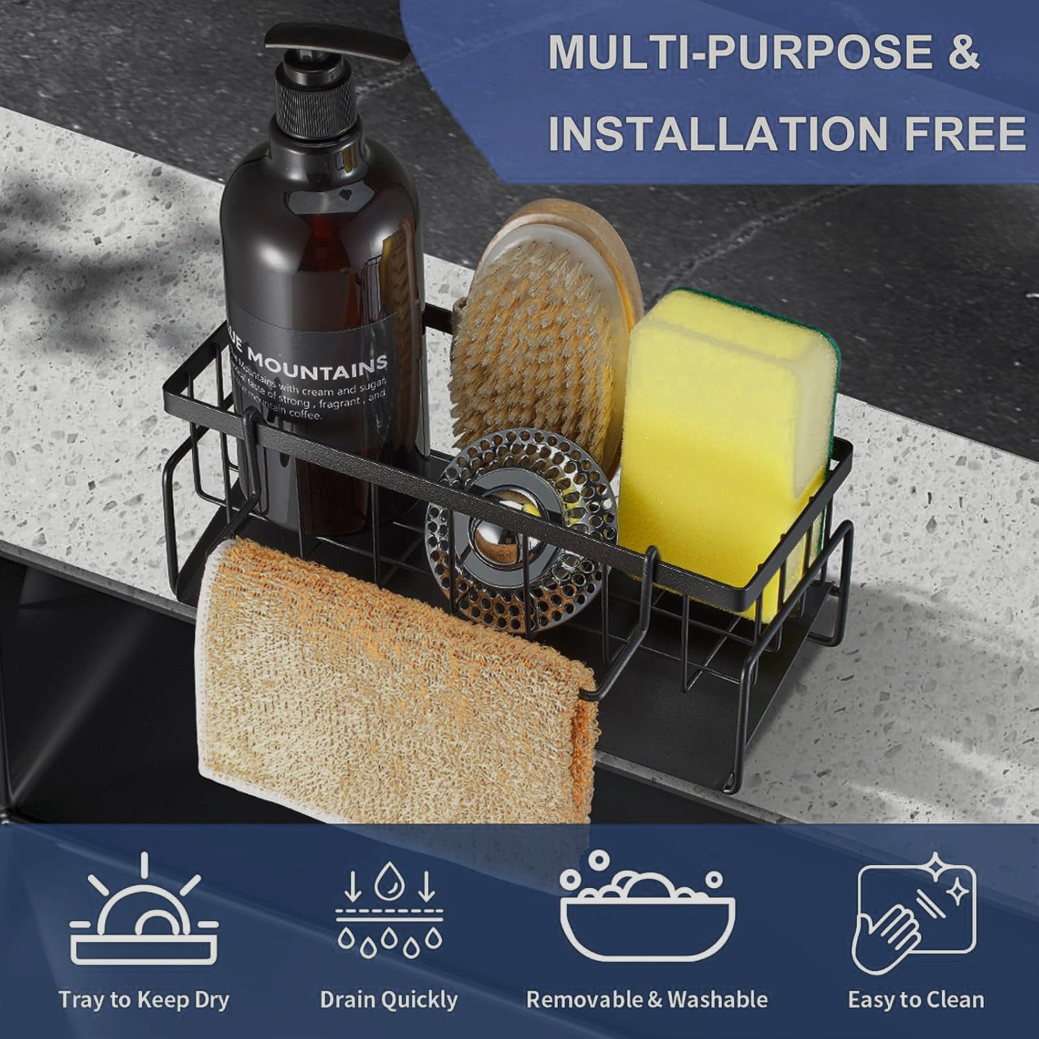 INOVERA Sponge Holder for Kitchen Sink - Dish Soap Brush Organizer Rack Stand - Sink Caddy Organizer (Black) | Perfect for Kitchen Cleaning, Dishwashing & Countertop Storage