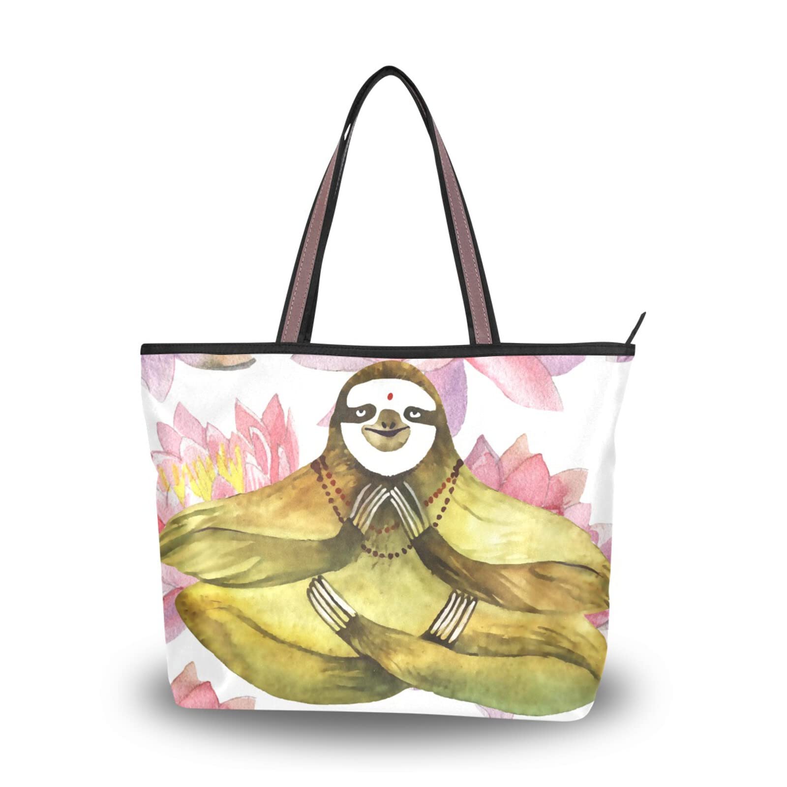 Sloth Meditation Print Tote Bag - Large Capacity Zipper Grocery Bag for Women, Durable Reusable Shopping Purse (2 Sizes) - Perfect for Daily Use, Yoga Class & Beach Trips