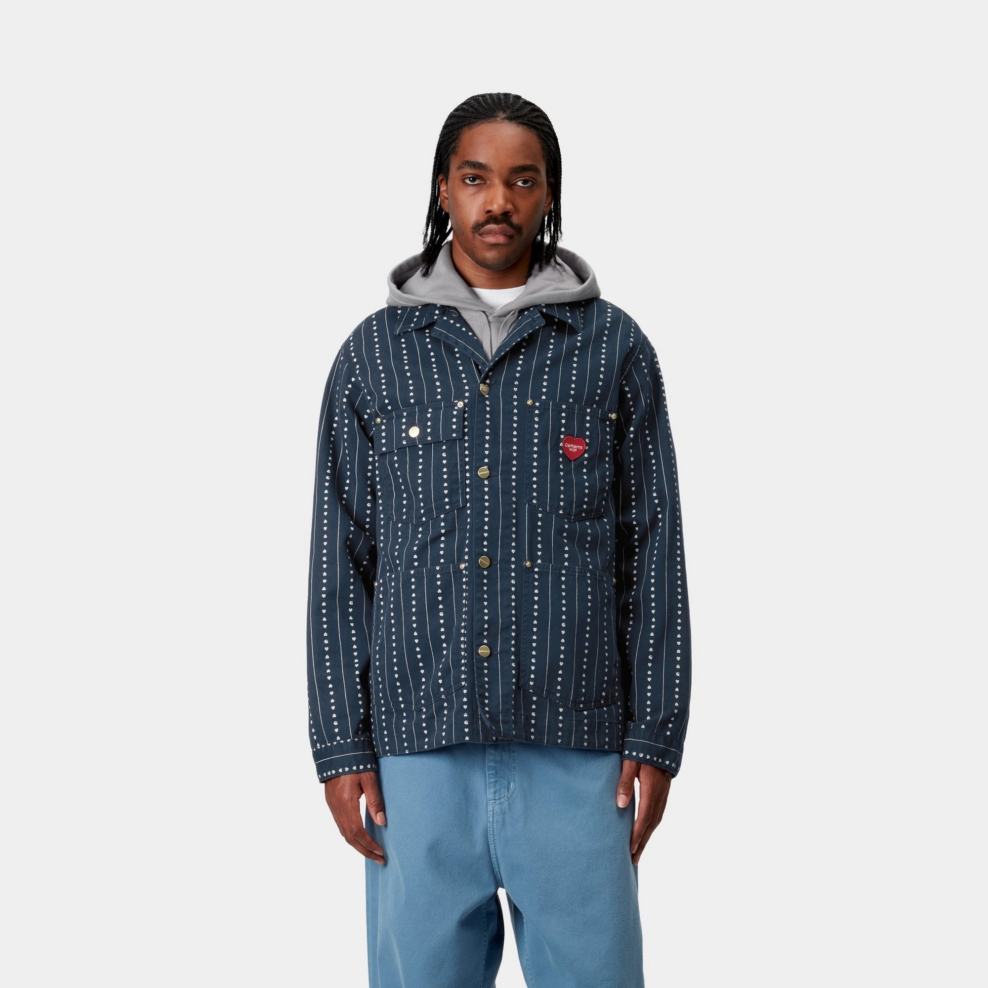 Drewe Men's Chore Coat Jacket - Ink & Natural Heart C Pinstripe Design - Durable Workwear for Outdoor Activities, Casual Wear & Everyday Use