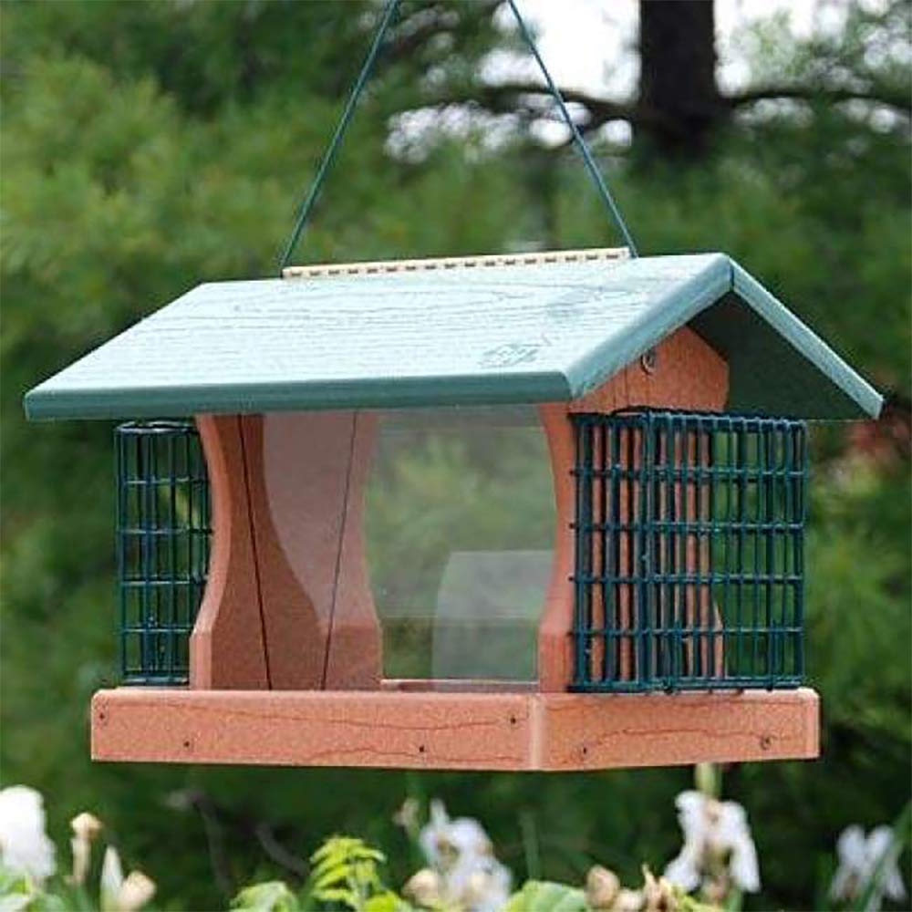Woodlink 24421 Eco-Friendly 5.5lb Recycled Plastic Hanging Bird Feeder with 2 Suet Cages - Green (2 Pack) for Backyard Bird Watching & Wildlife Attraction