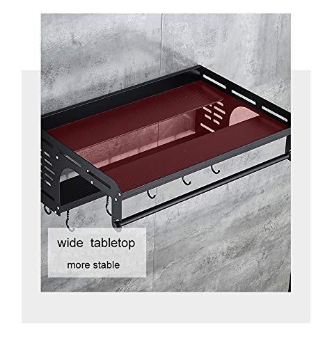 Black Aluminum Microwave Oven Wall Mount Shelf - Double Bracket with 10 Removable Hooks & Wrapper Roll Holder - Space Saving Kitchen Organizer for Christmas Decorations & Small Appliances