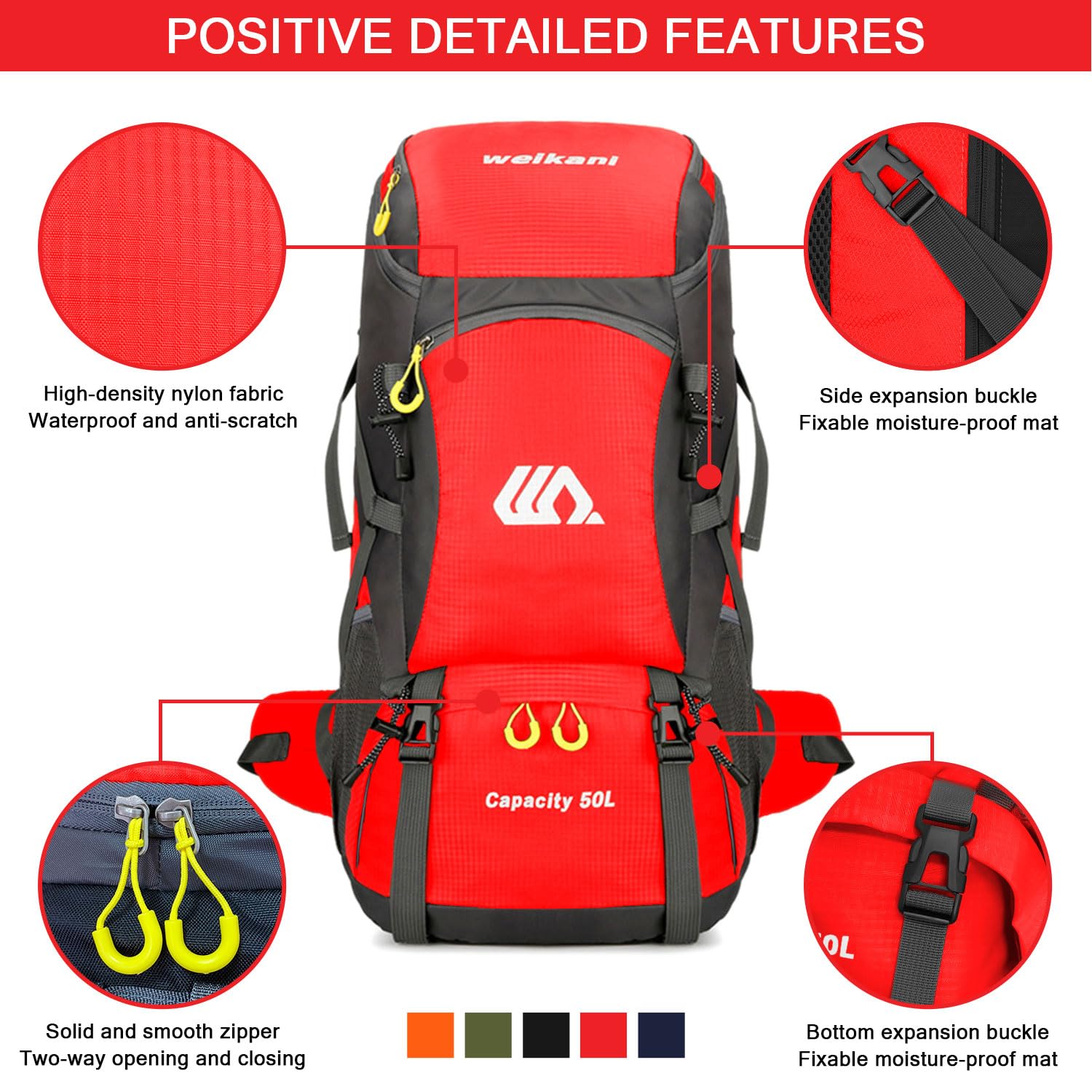 **50L Lightweight Hiking Backpack for Men & Women - Waterproof Camping Backpack with Adjustable Straps for Trekking, Hunting & Outdoor Adventures (Red) - Perfect for Day Trips, Travel & Sports**