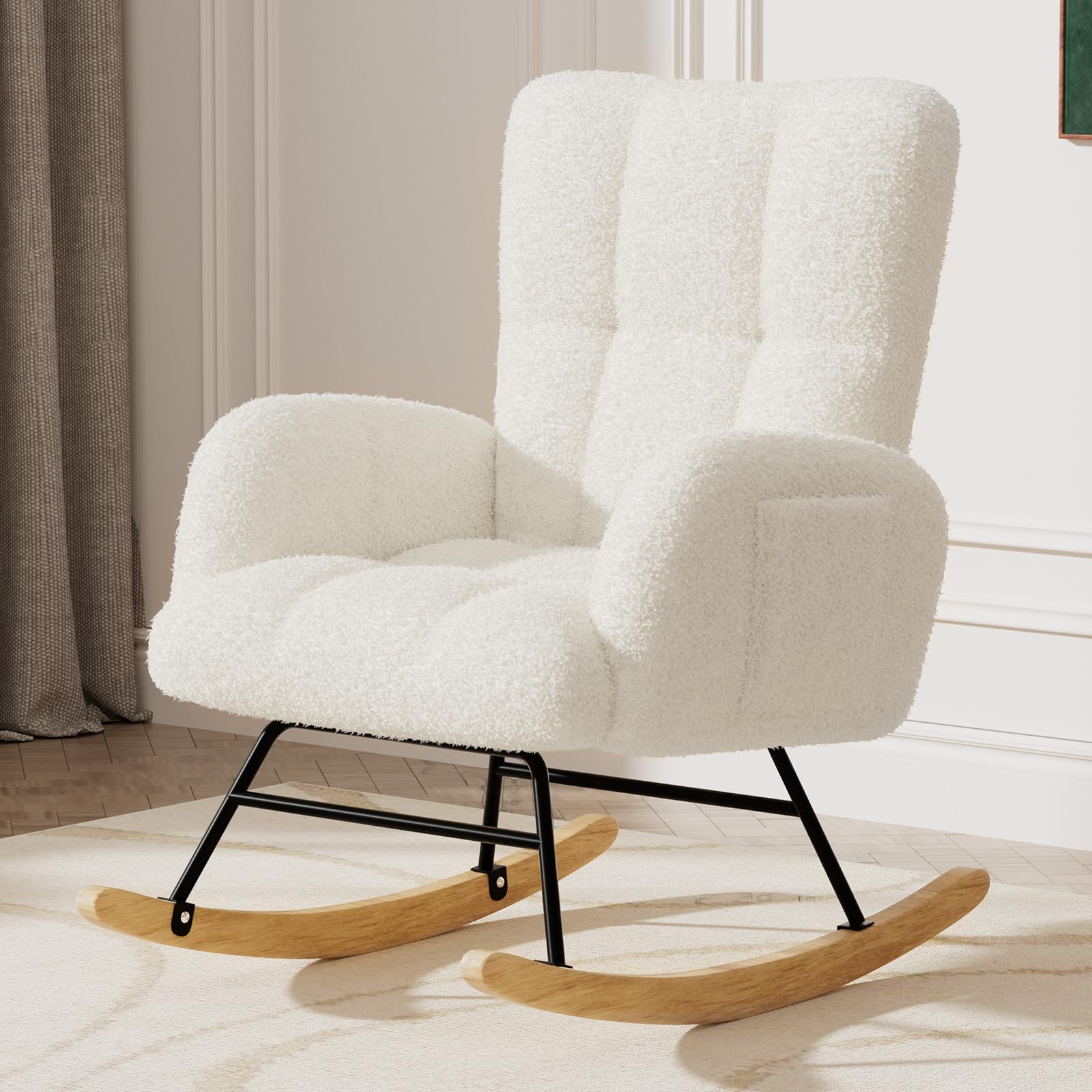 LUCKLIFE White Teddy Upholstered Glider Rocker Chair - High Backrest Nursery Rocking Chair with Side Pockets, Modern Accent Reading Chair for Living Room, Bedroom, Nursery (Without Ottoman) | Perfect for Nursing, Relaxing & Baby Room Decor