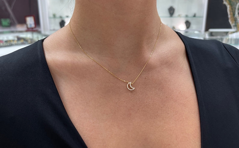 0.20tcw Natural Diamond Moon Crescent Pendant Necklace in 14K Gold - Elegant Cable Chain for Women's Everyday Wear & Special Occasions