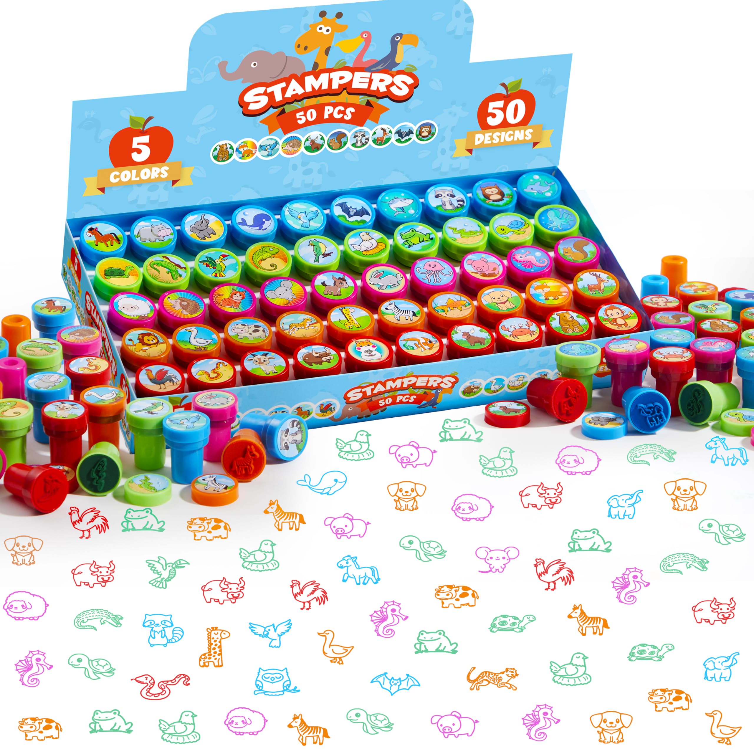 JOYIN 50 Pcs Animal Stamps Set for Kids - 50 Unique Designs Including Farm & Sea Animals - Creative Craft Stamps for Classroom Prizes, Party Favors & DIY Projects - Perfect for Arts & Crafts, School Activities & Birthday Gifts