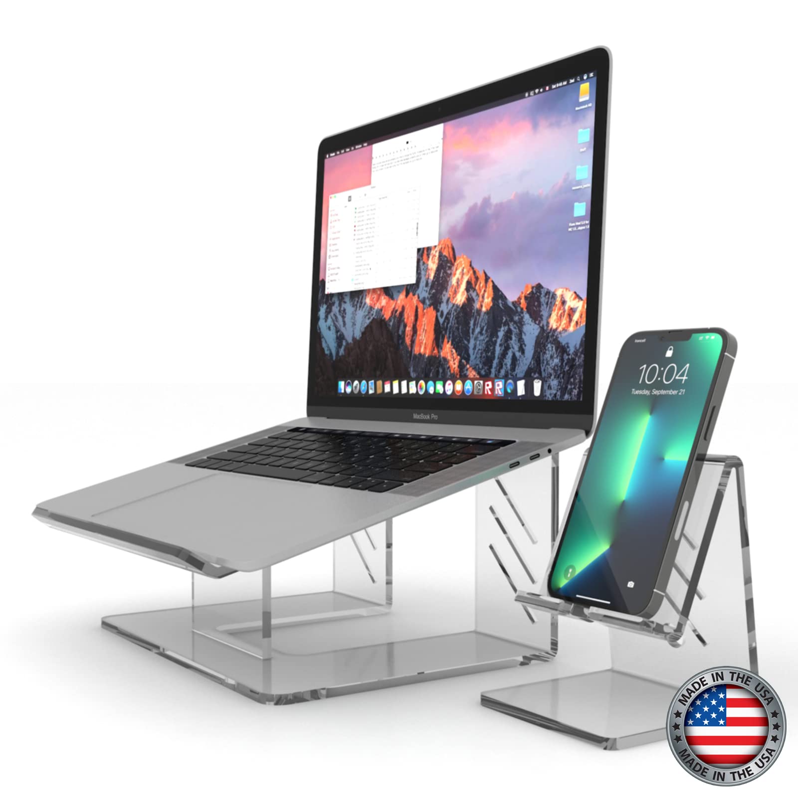 **Acrylic Laptop Stand with Phone Holder - Portable & Ergonomic Laptop Riser for 10-17 Inch Laptops - Made in USA (LS-Clear) - Perfect for Home Office, Workstation & Travel Use**