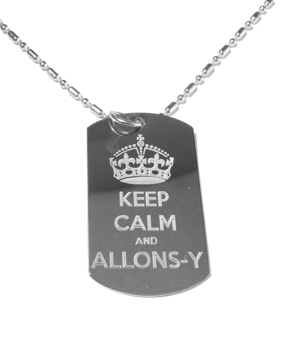 Shark Hat with 'Keep Calm and Allons-Y' TV Show Logo - Military Style Dog Tag & Luggage Tag Necklace with Metal Chain - Perfect for Cosplay, Gifts, and Travel Accessories