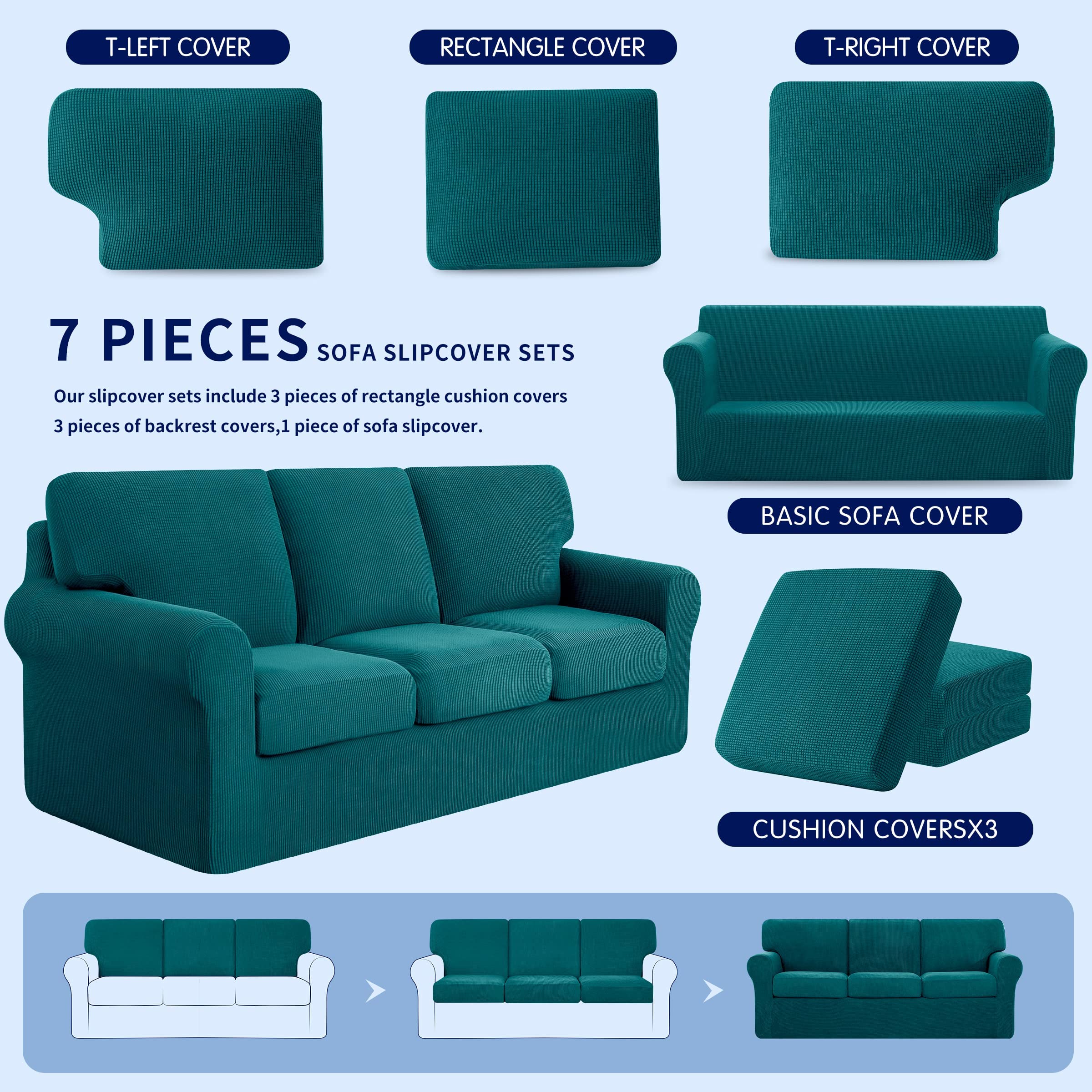 SUBRTEX 5-Piece Loveseat Cover & 7-Piece Sofa Cover Set - Stretchable Couch Slipcovers with Separate Backrest & Cushion Covers - Turquoise Living Room Furniture Protector (Medium & Large Size) - Perfect for Home Decor, Pet Protection & Furniture Refresh