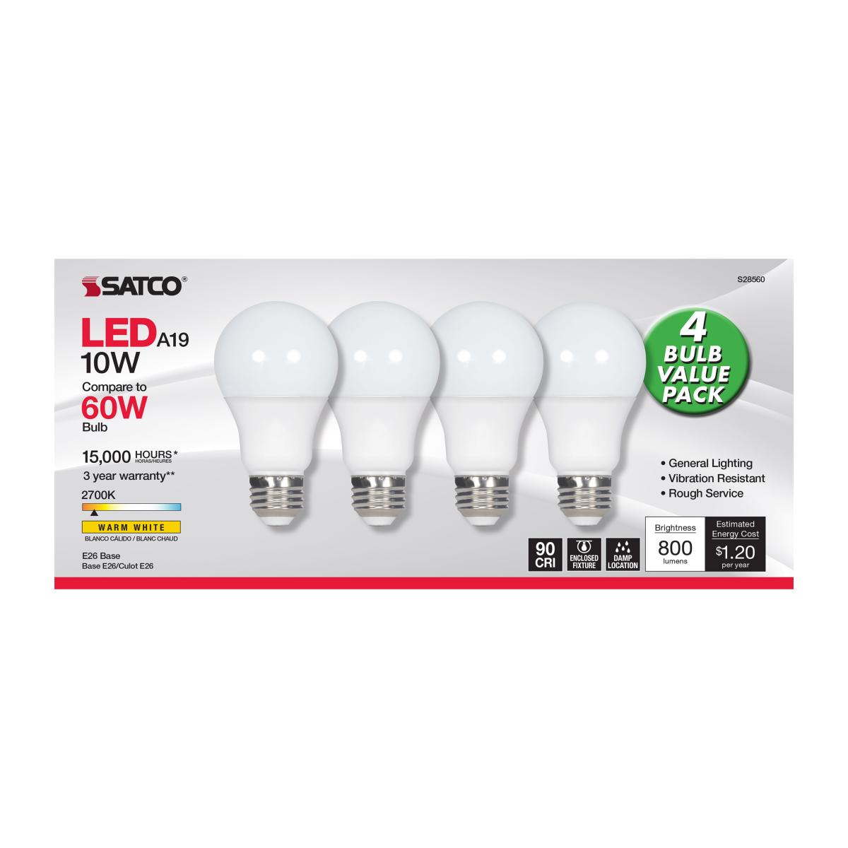 4-Pack A19 LED Bulb 60W Equivalent, 10W Energy Saving, 800 Lumens Soft White (2700K), E26 Medium Base, Frosted Finish - Perfect for Bedrooms, Living Rooms & Lamps