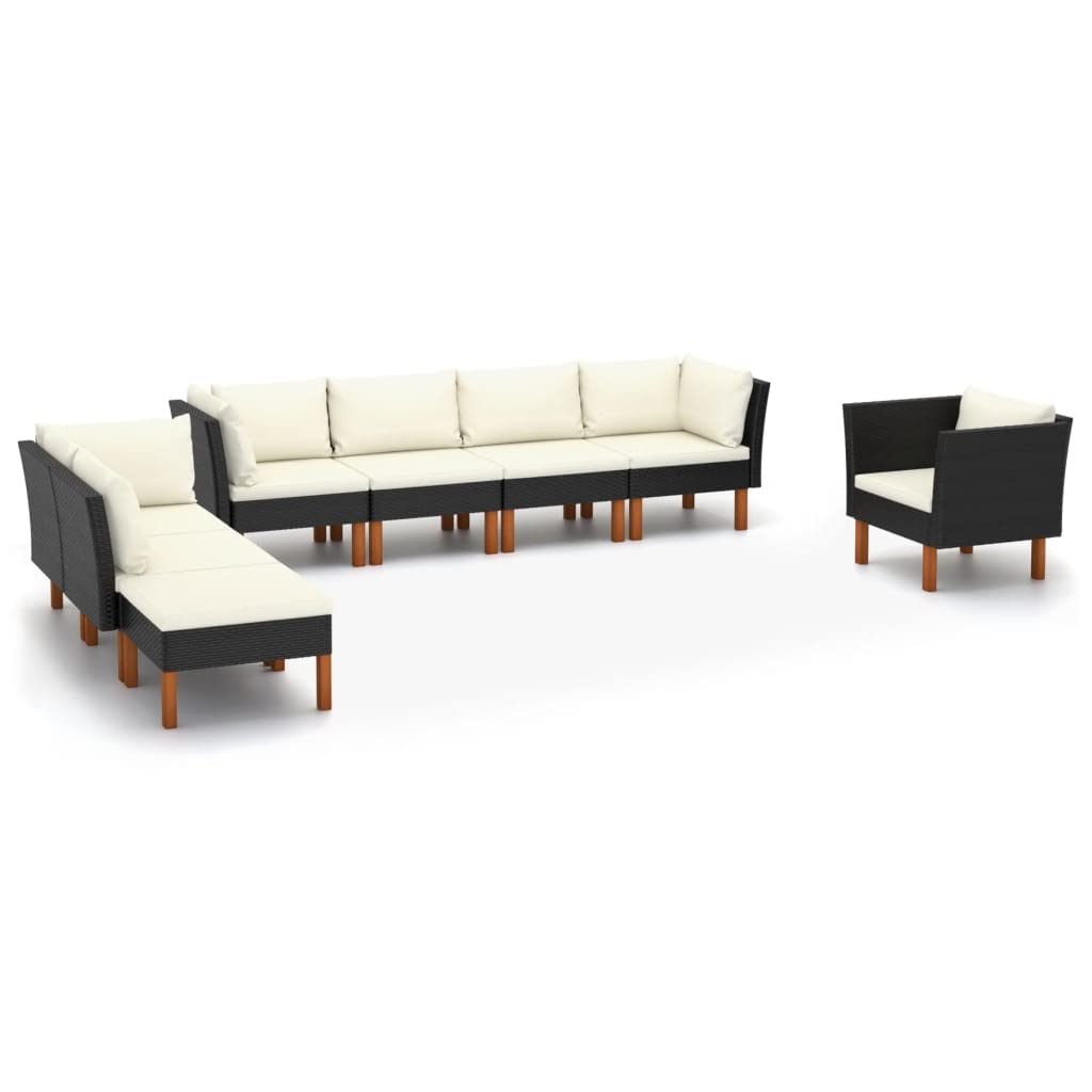 8-Piece Patio Lounge Set with Cushions - Black Poly Rattan & Eucalyptus Wood Outdoor Furniture for Porch, Deck, or Garden - Perfect for Entertaining and Relaxing Outdoors