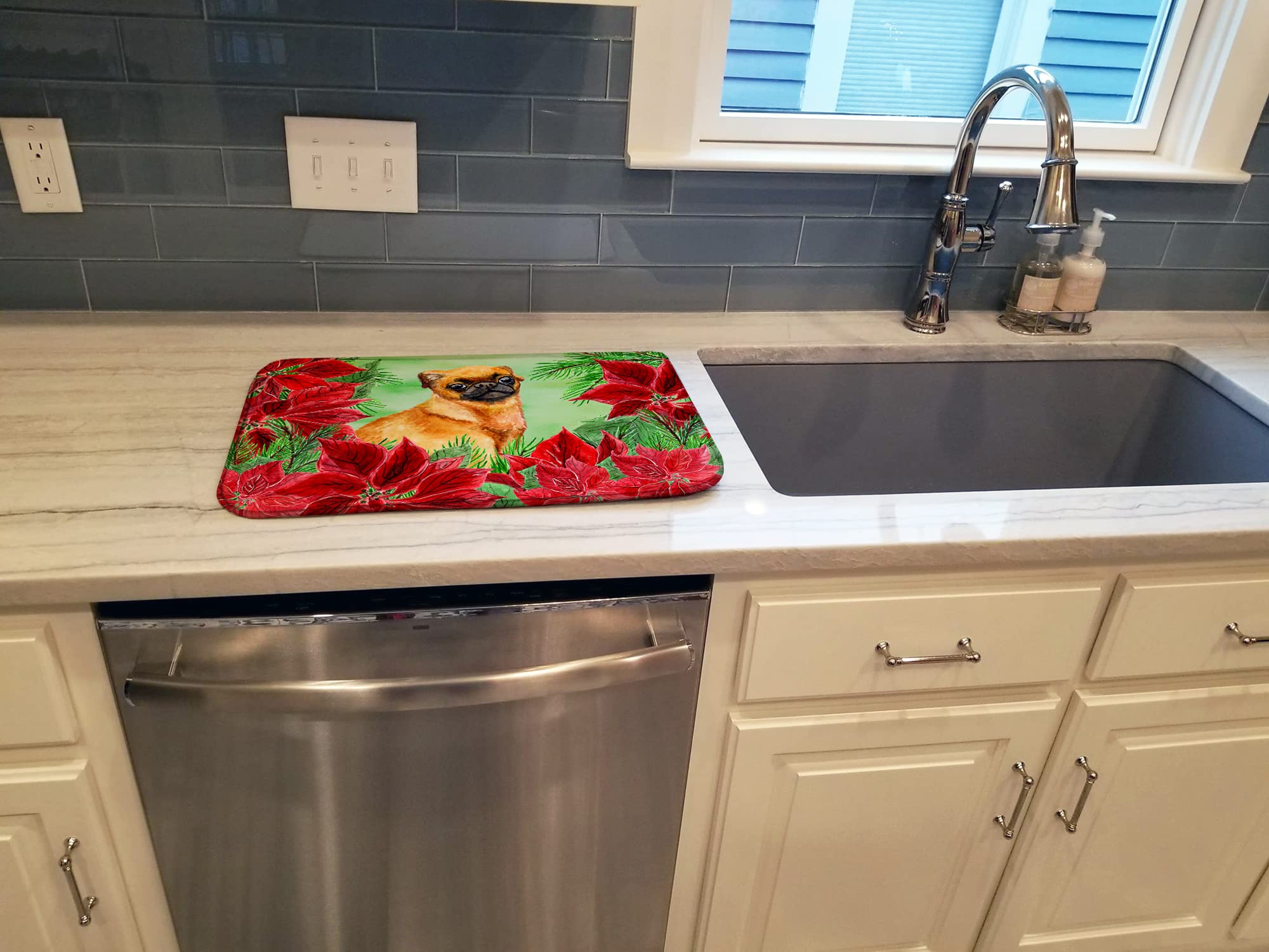 Brabant Griffon Poinsettas Dish Drying Mat - Absorbent Kitchen Counter Mat (14x21